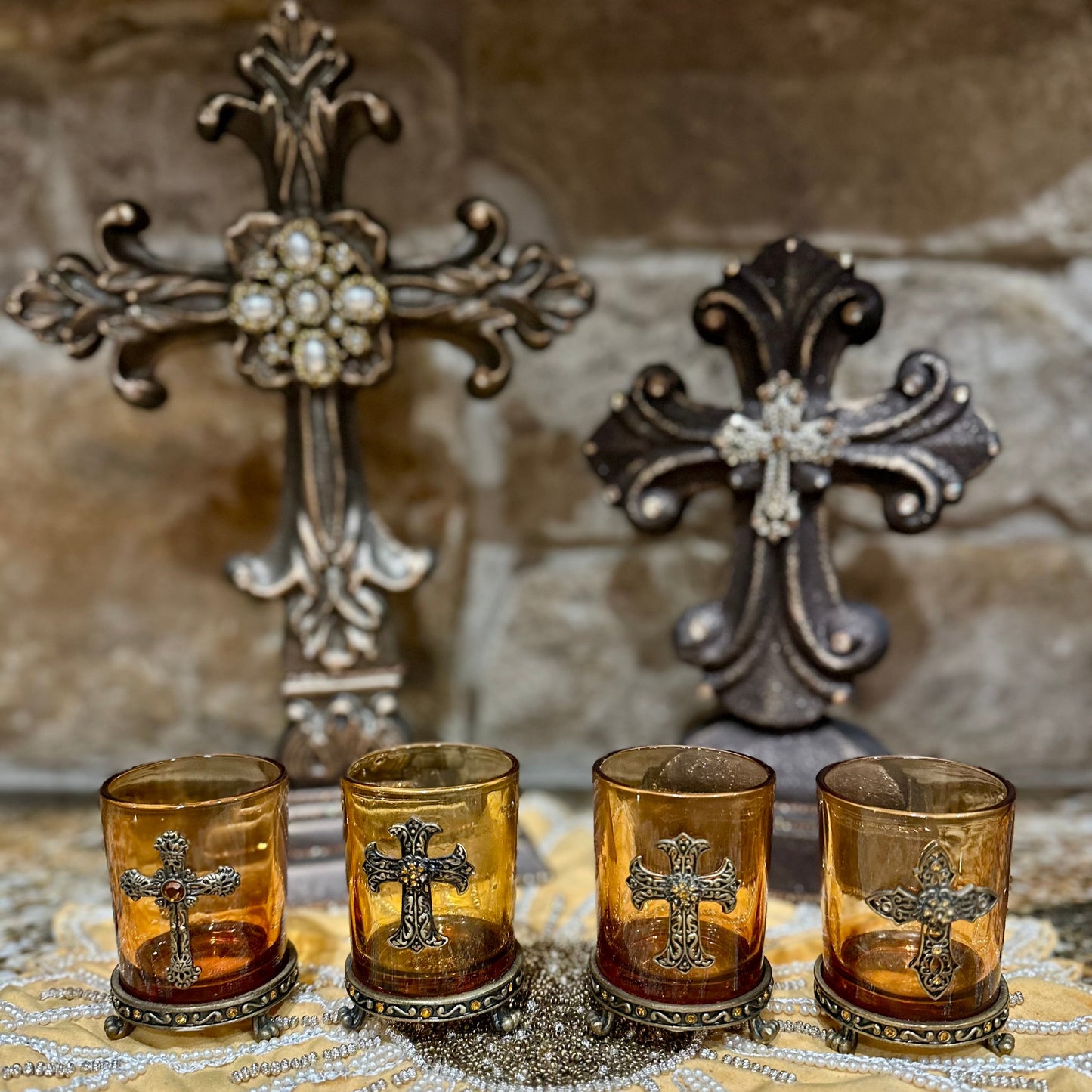 Embellished Cross Votive Candle Holders (4)