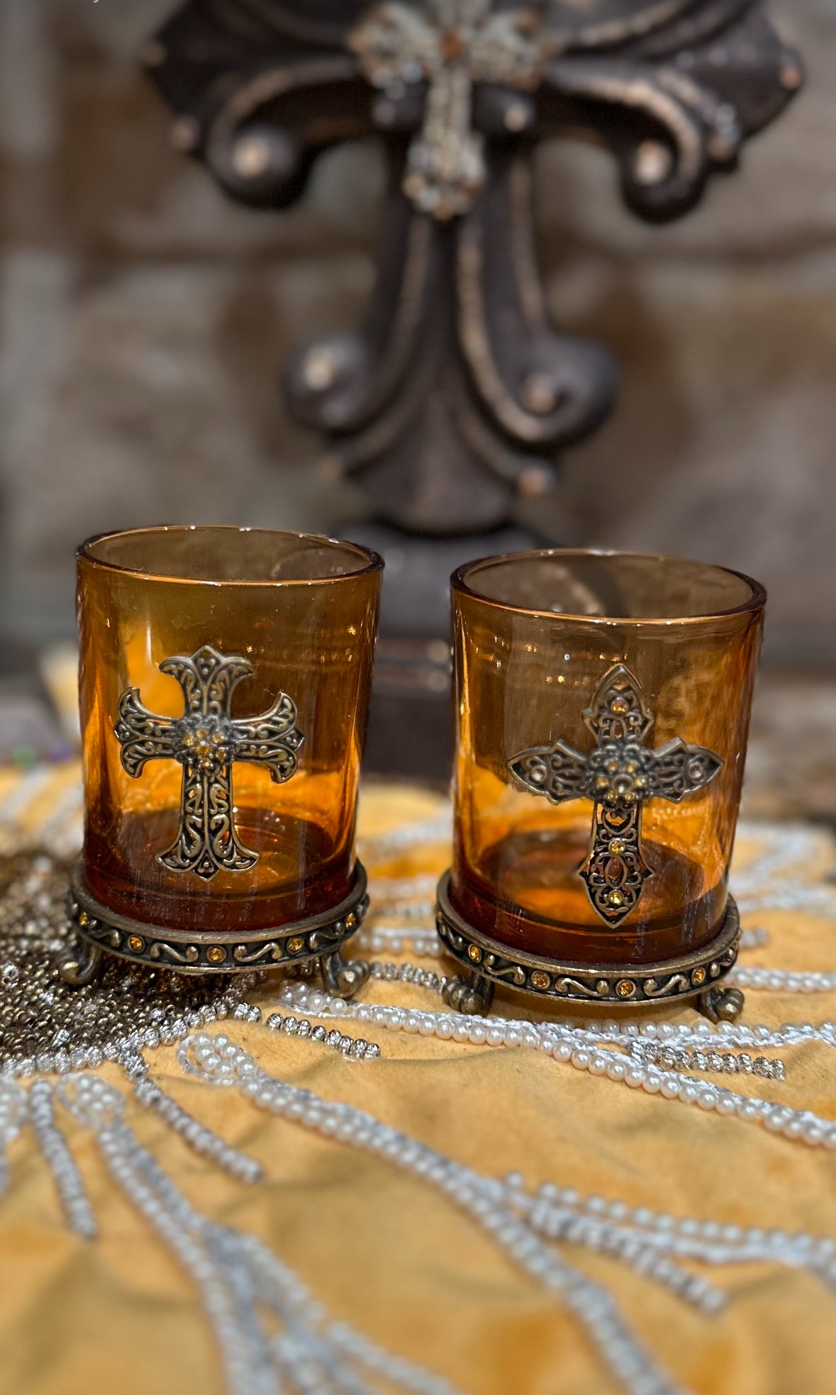Embellished Cross Votive Candle Holders (4)
