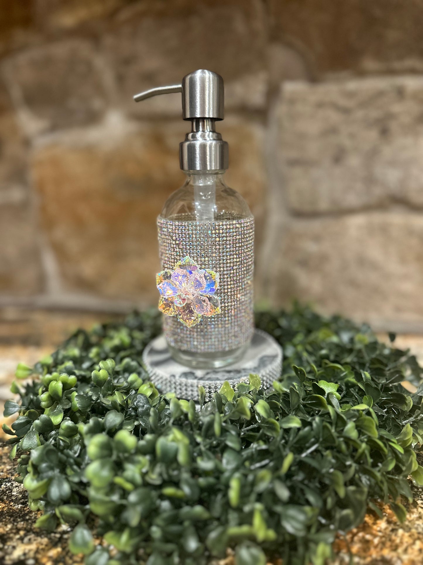 Glass Embellished Dispenser With Chrome Pump.