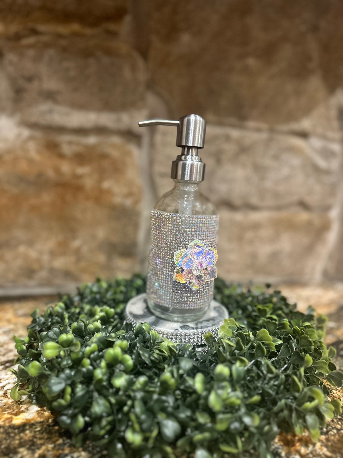 Glass Embellished Dispenser With Chrome Pump.