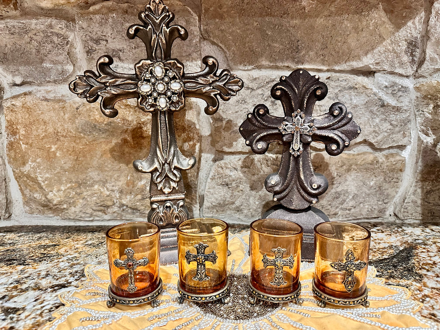 Embellished Cross Votive Candle Holders (4)