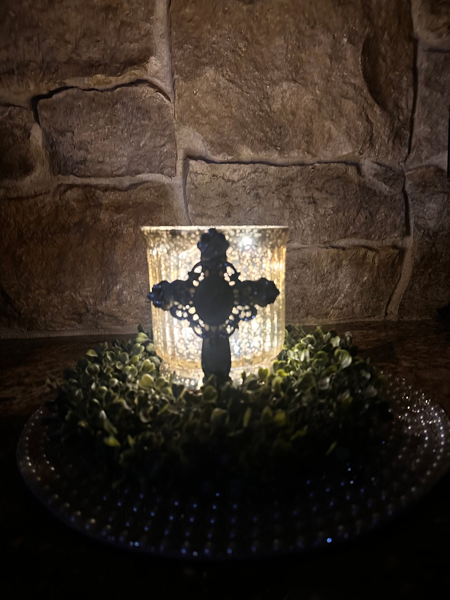 Embellished Cross Mercury Glass Candle Holder