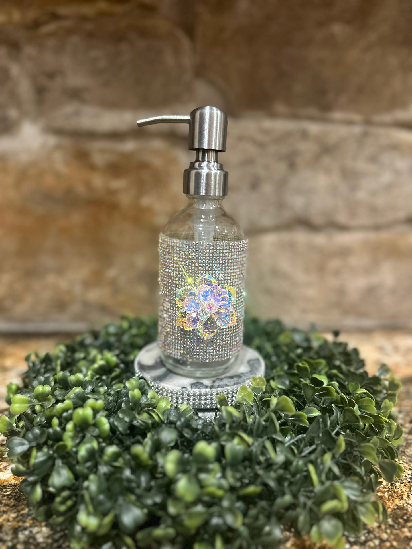 Glass Embellished Dispenser With Chrome Pump.