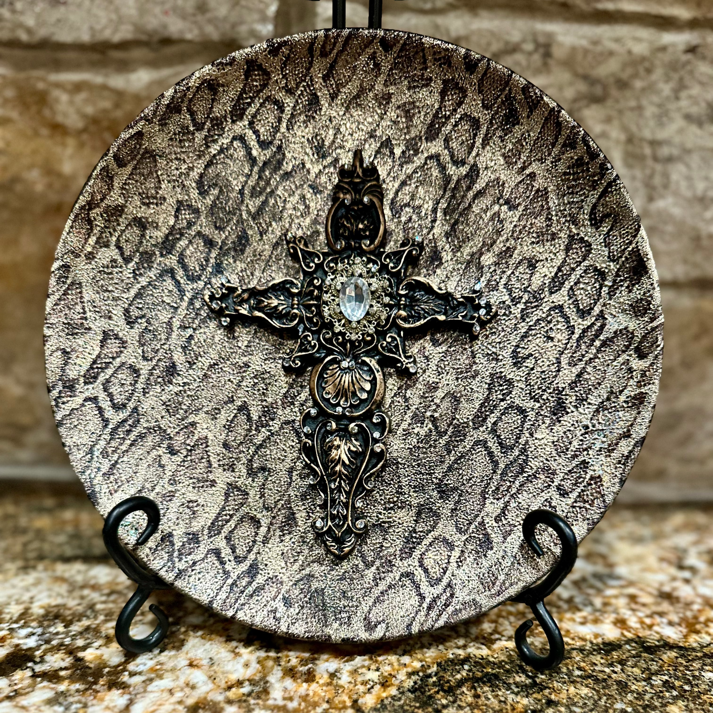 Snakeskin Foil Wrapped Plate with Embellished Cross