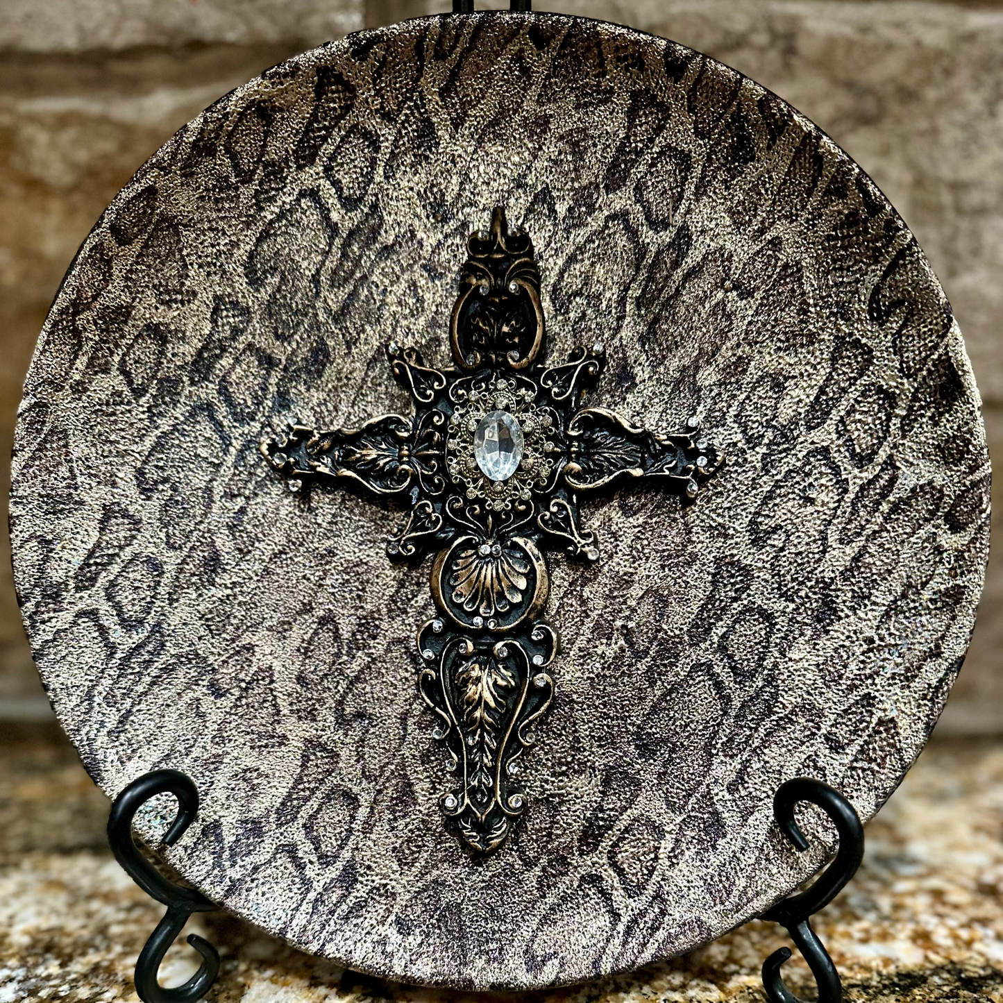 Snakeskin Foil Wrapped Plate with Embellished Cross