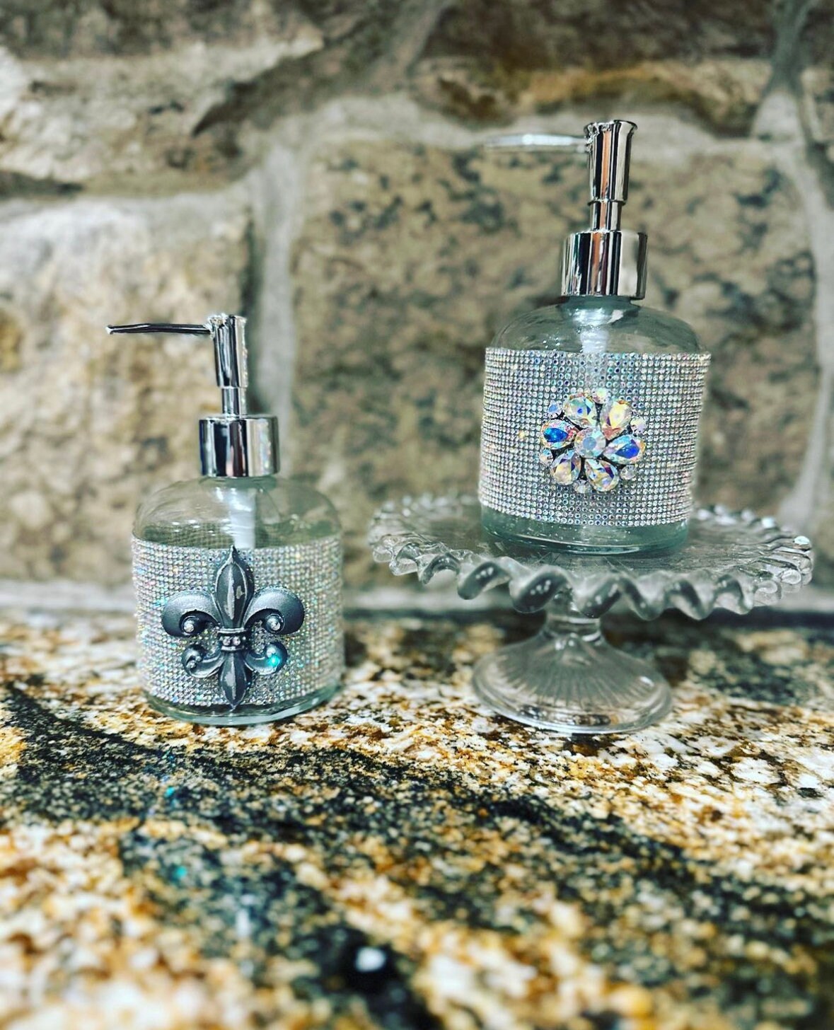 Glass Embellished Dispenser With Chrome Pump.