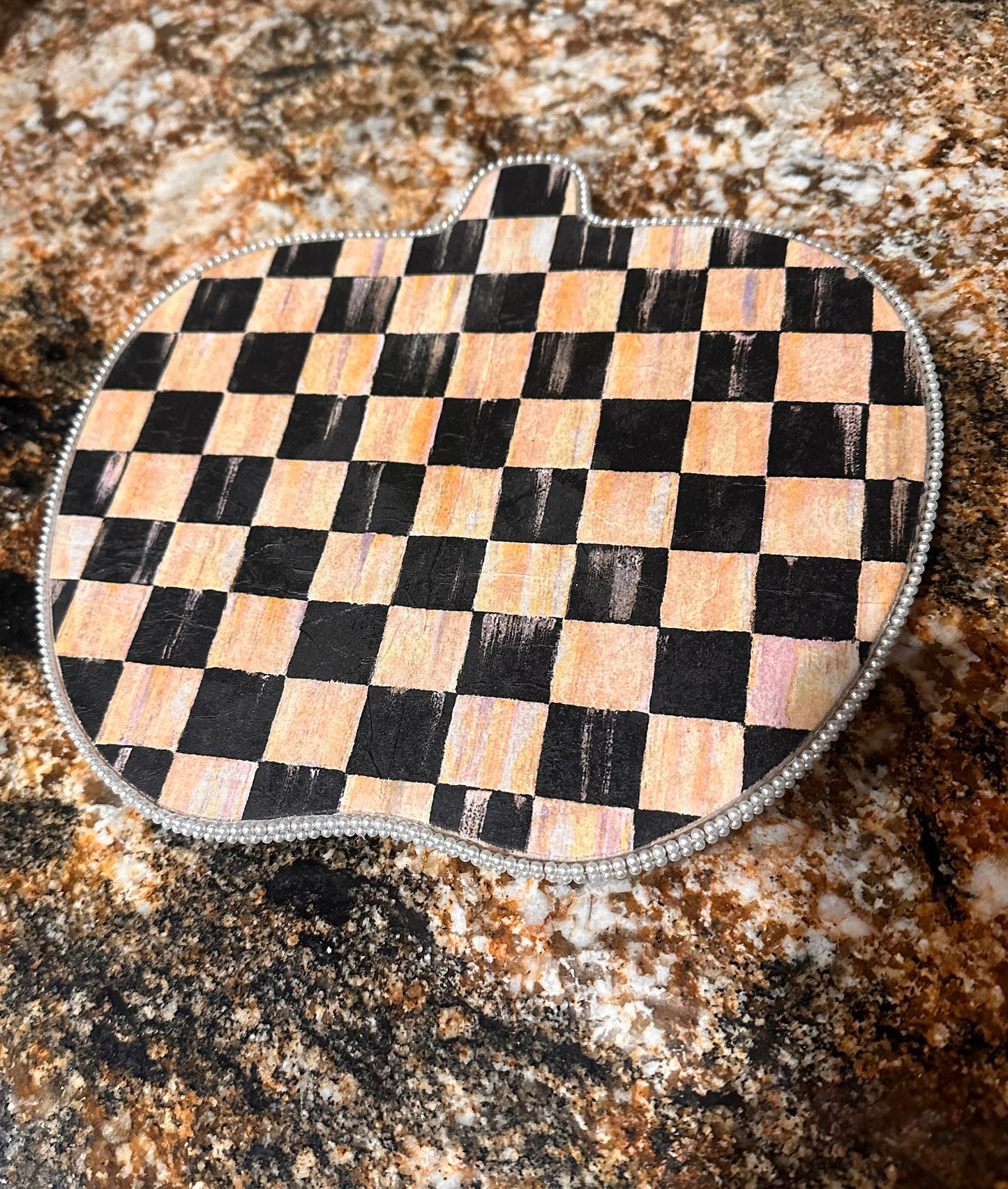 Black and white wooden checkered squares Fall pumpkin tray swivel trivet lazy Susan crystal pearl border kitchen decoration host gift