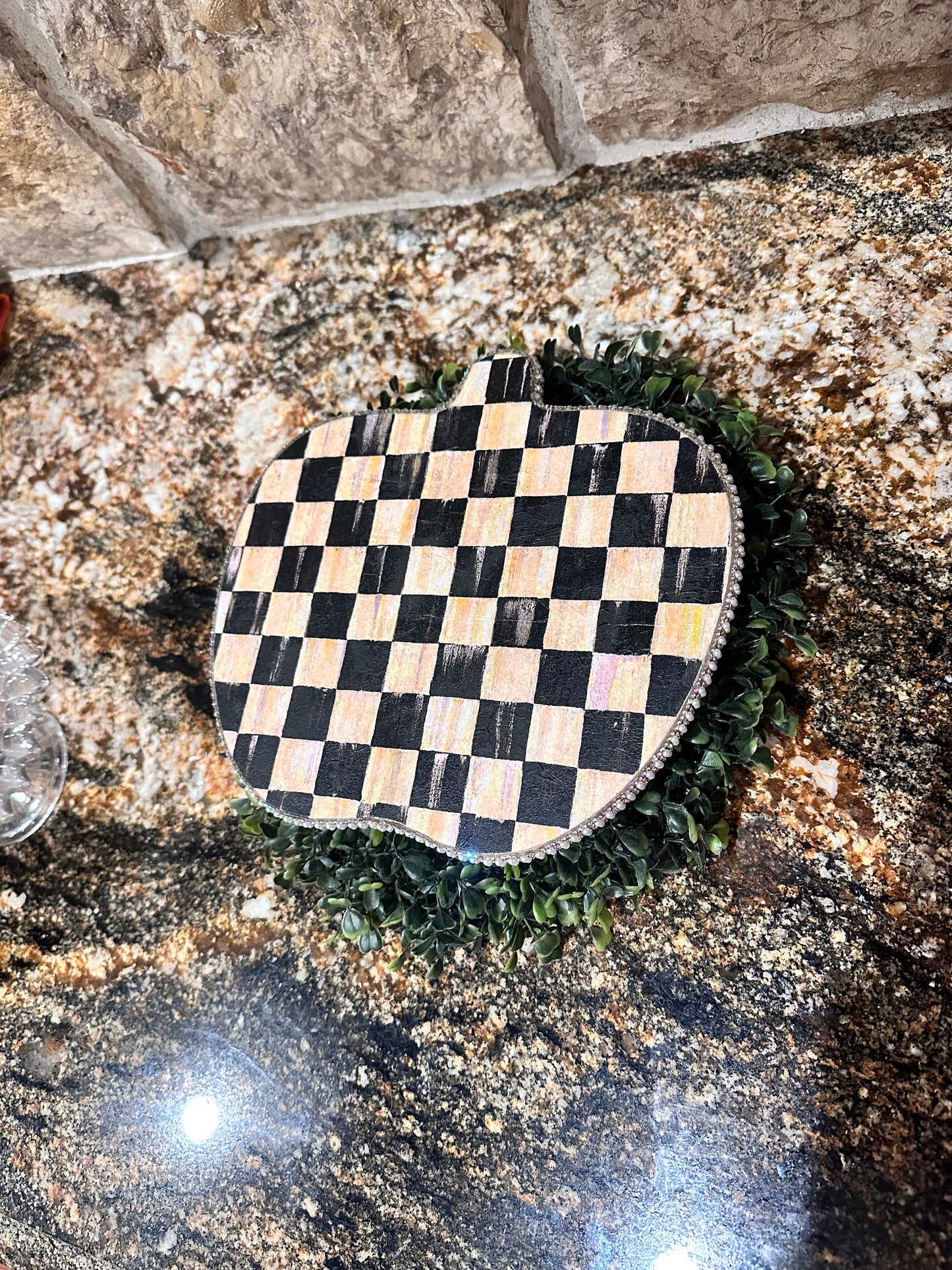 Black and white wooden checkered squares Fall pumpkin tray swivel trivet lazy Susan crystal pearl border kitchen decoration host gift