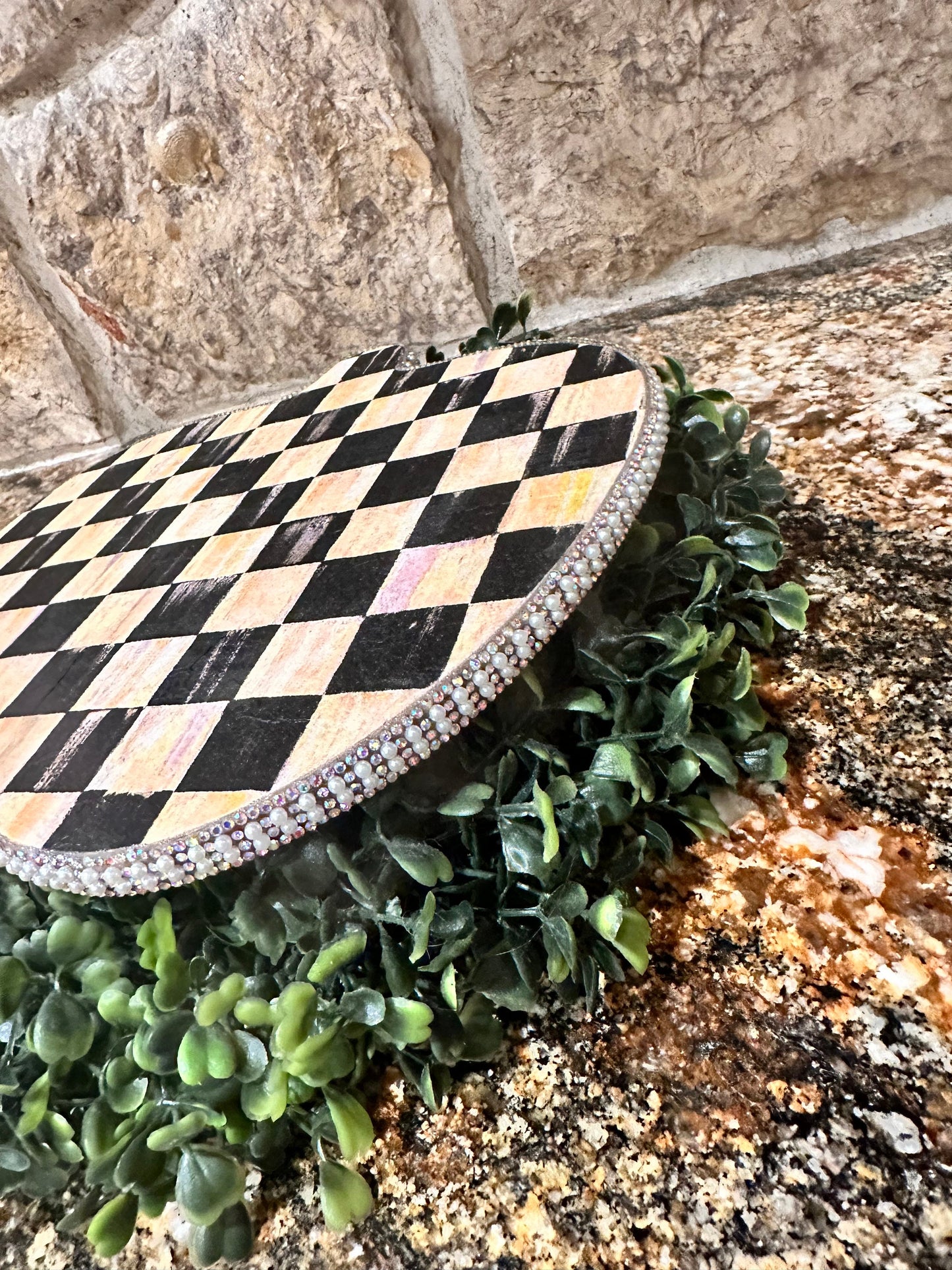 Black and white wooden checkered squares Fall pumpkin tray swivel trivet lazy Susan crystal pearl border kitchen decoration host gift