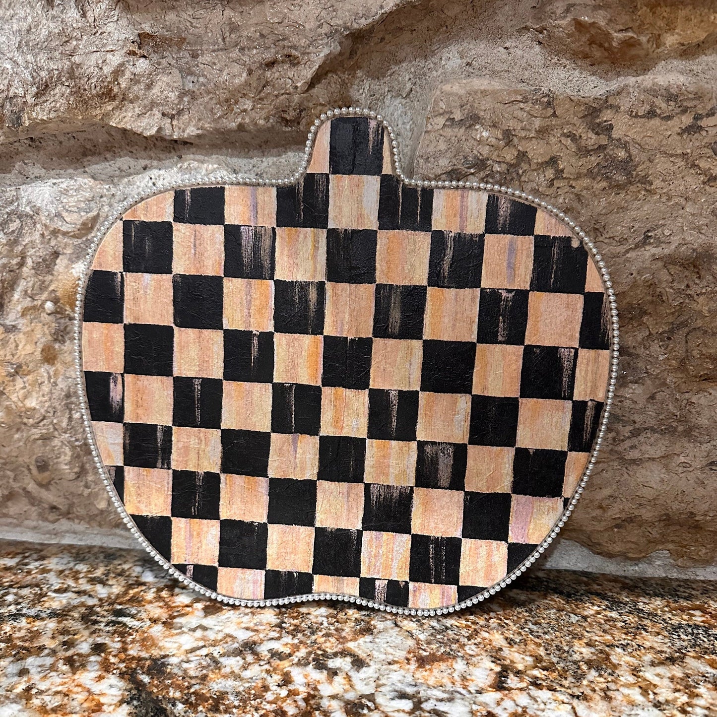 Black and white wooden checkered squares Fall pumpkin tray swivel trivet lazy Susan crystal pearl border kitchen decoration host gift