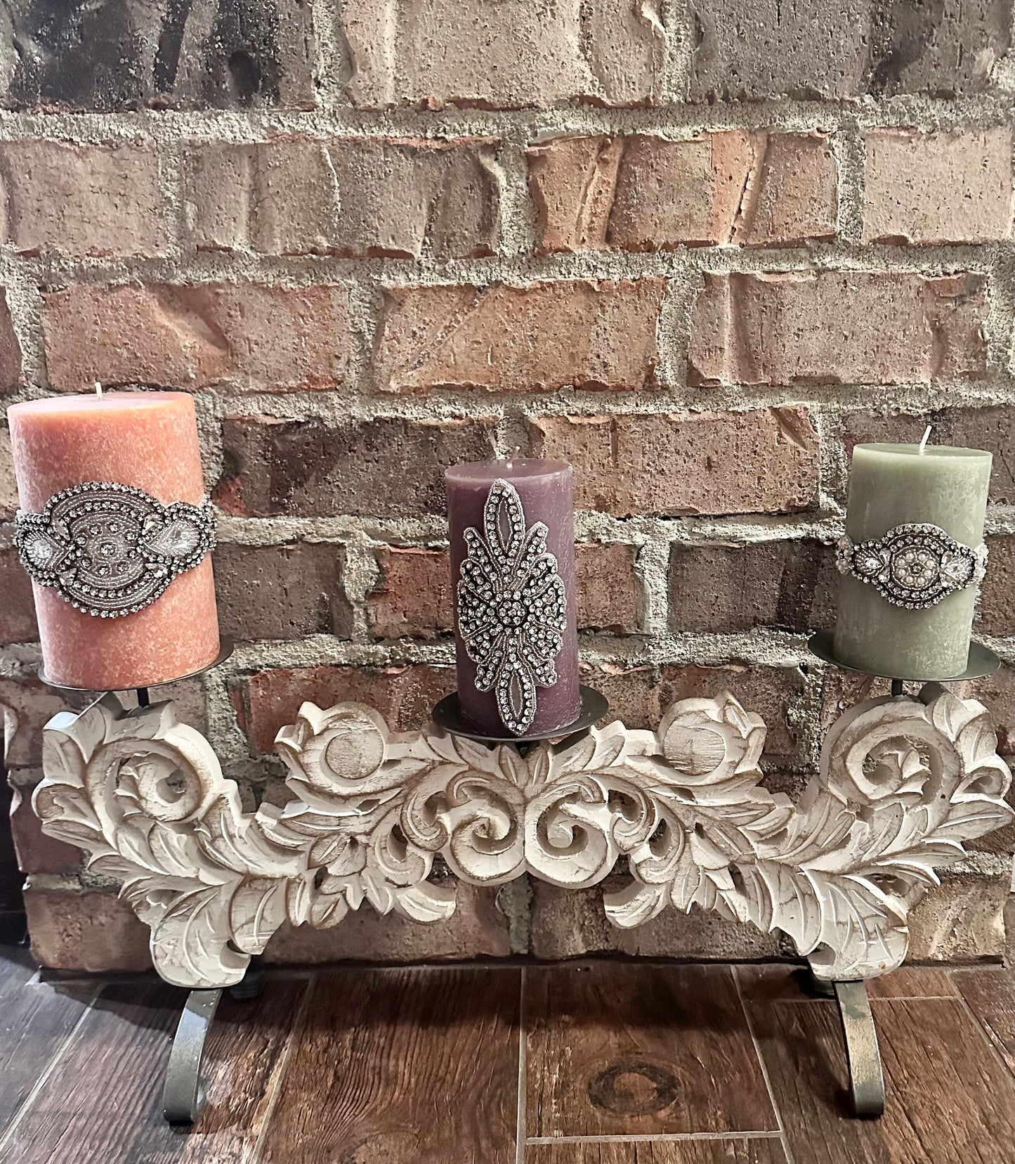 Rhinestone Embellished Grey Pillar Candle
