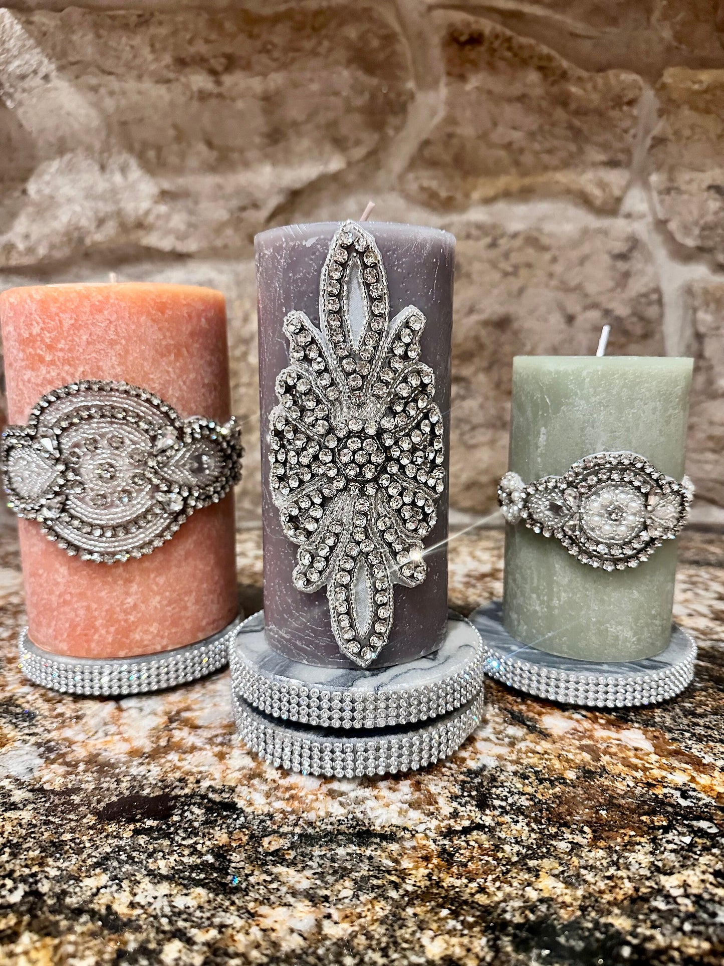 Rhinestone Embellished Grey Pillar Candle