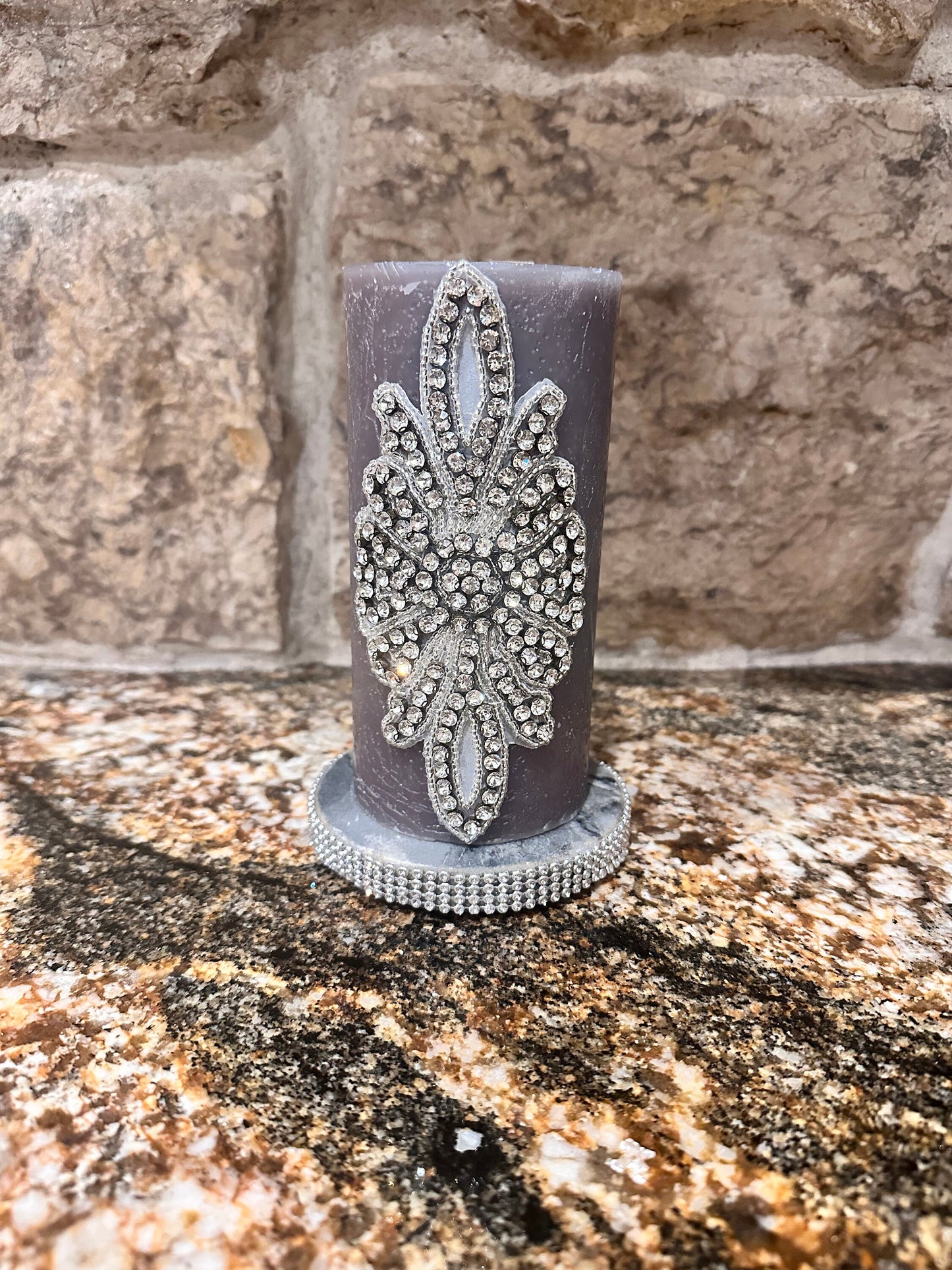 Rhinestone Embellished Grey Pillar Candle