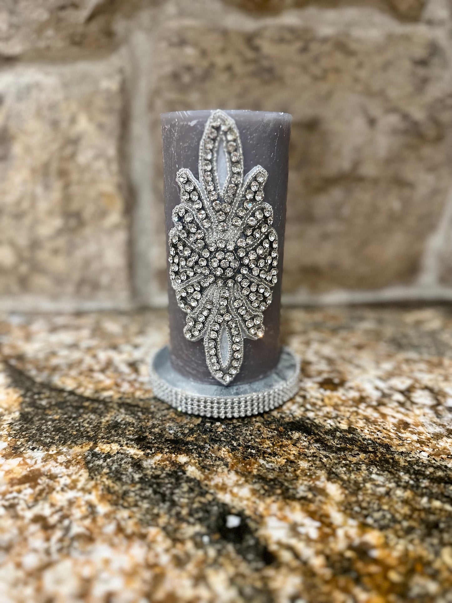 Rhinestone Embellished Grey Pillar Candle