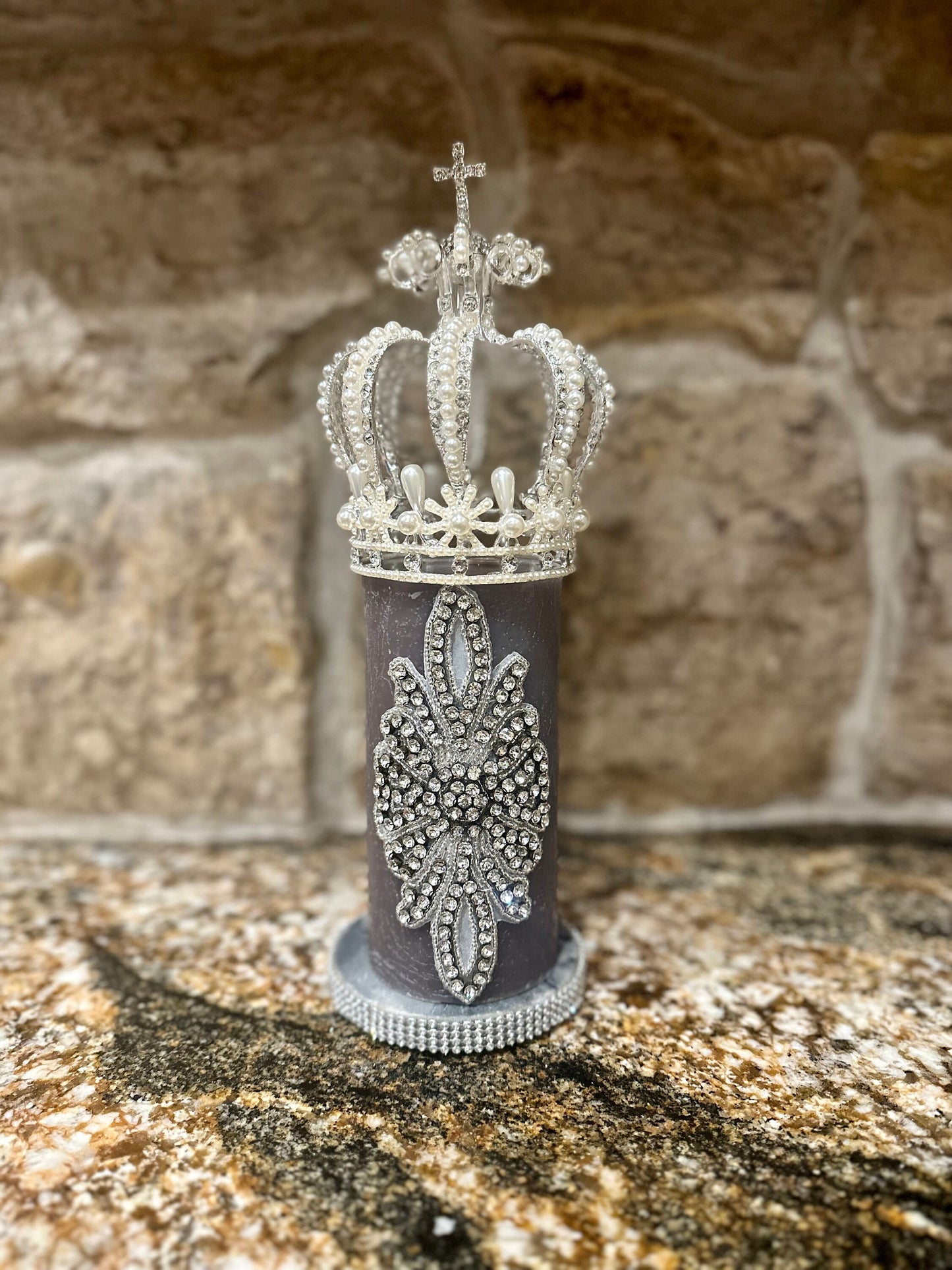 Rhinestone Embellished Grey Pillar Candle