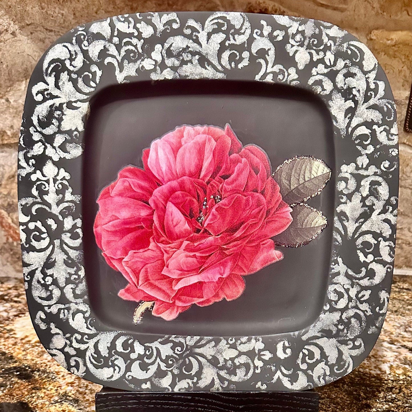Vintage Silver Tray Painted Black with Large Red Rose
