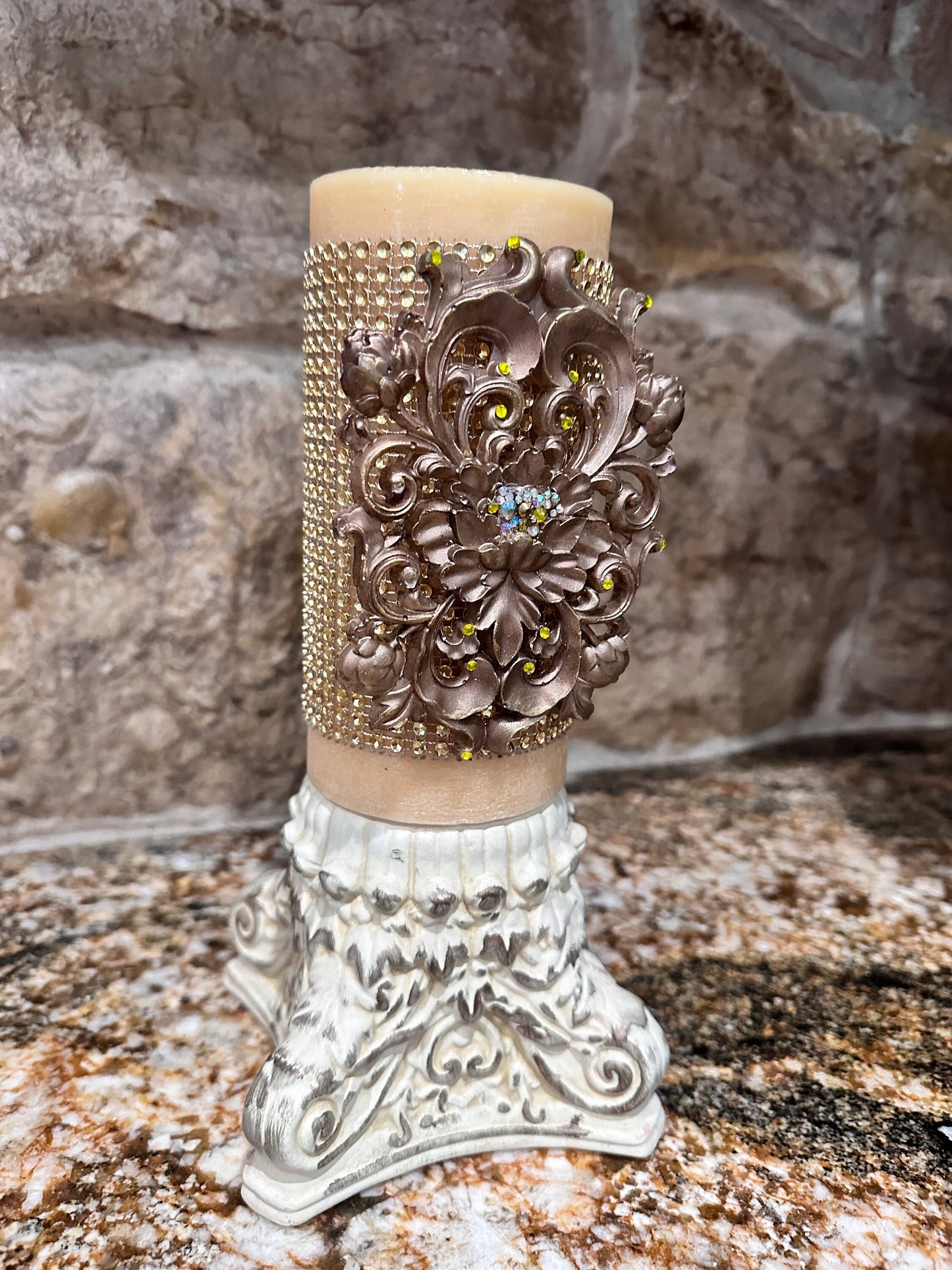 Candle pin, ornate scroll, embellished, candle accessory, unique gift, handmade, old world decor, home decor, DIY