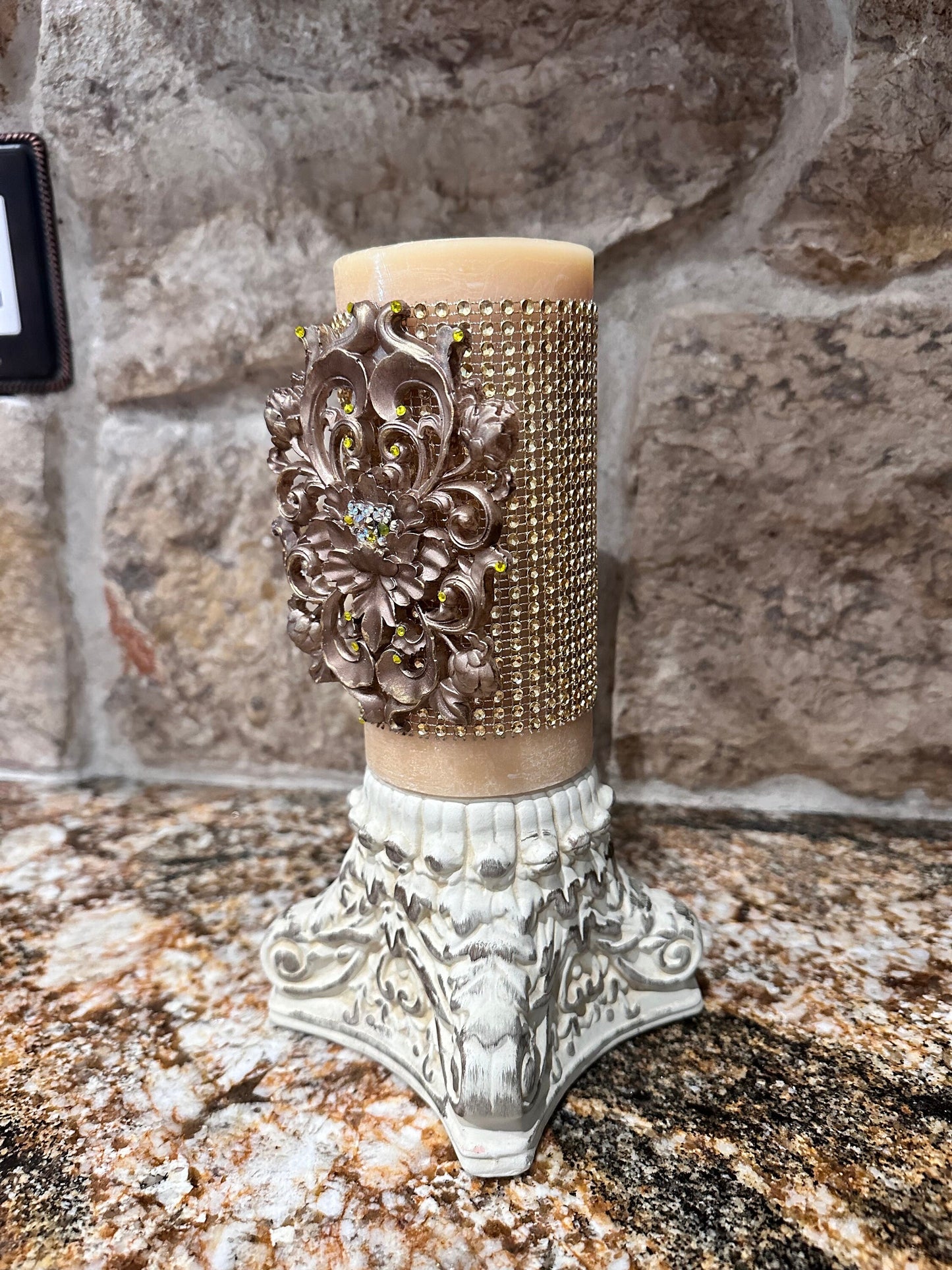Candle pin, ornate scroll, embellished, candle accessory, unique gift, handmade, old world decor, home decor, DIY