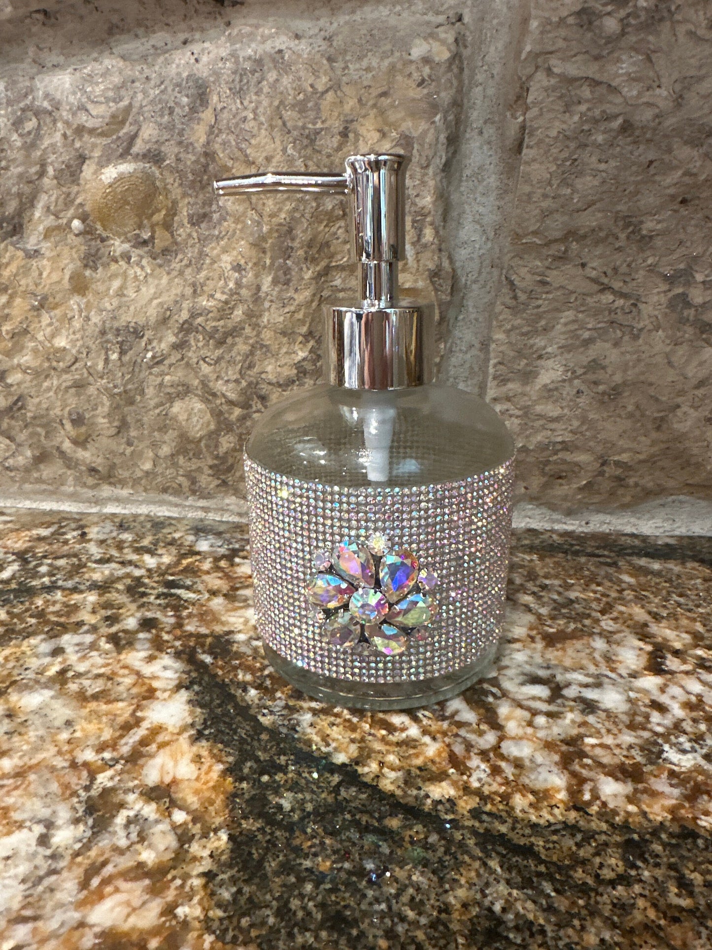 Glass Embellished Dispenser With Chrome Pump.