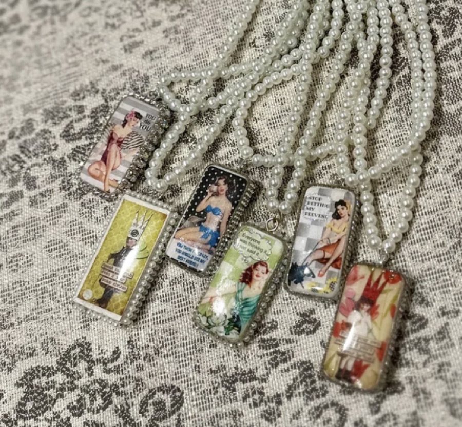 Vintage-image pendant domino necklaces on pearl chains