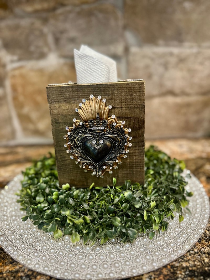 Hand-embellished tissue box with flaming heart motif