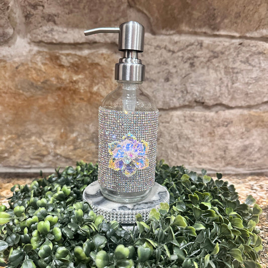 Glass Embellished Dispenser With Chrome Pump.