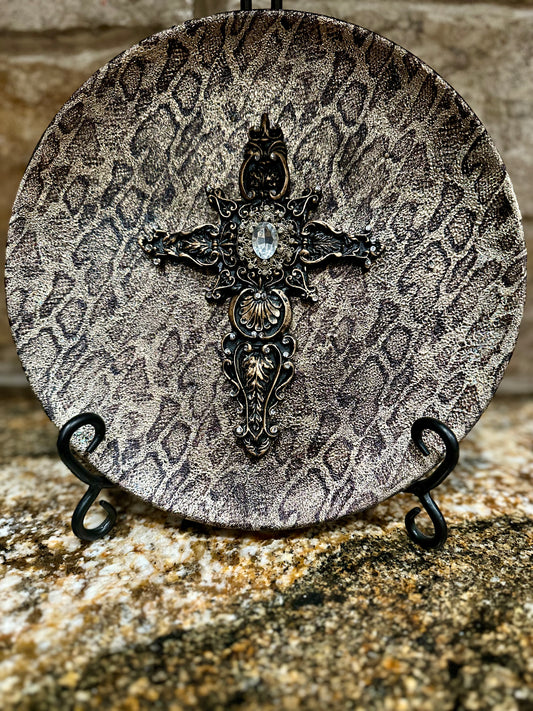 Snakeskin Foil Wrapped Plate with Embellished Cross