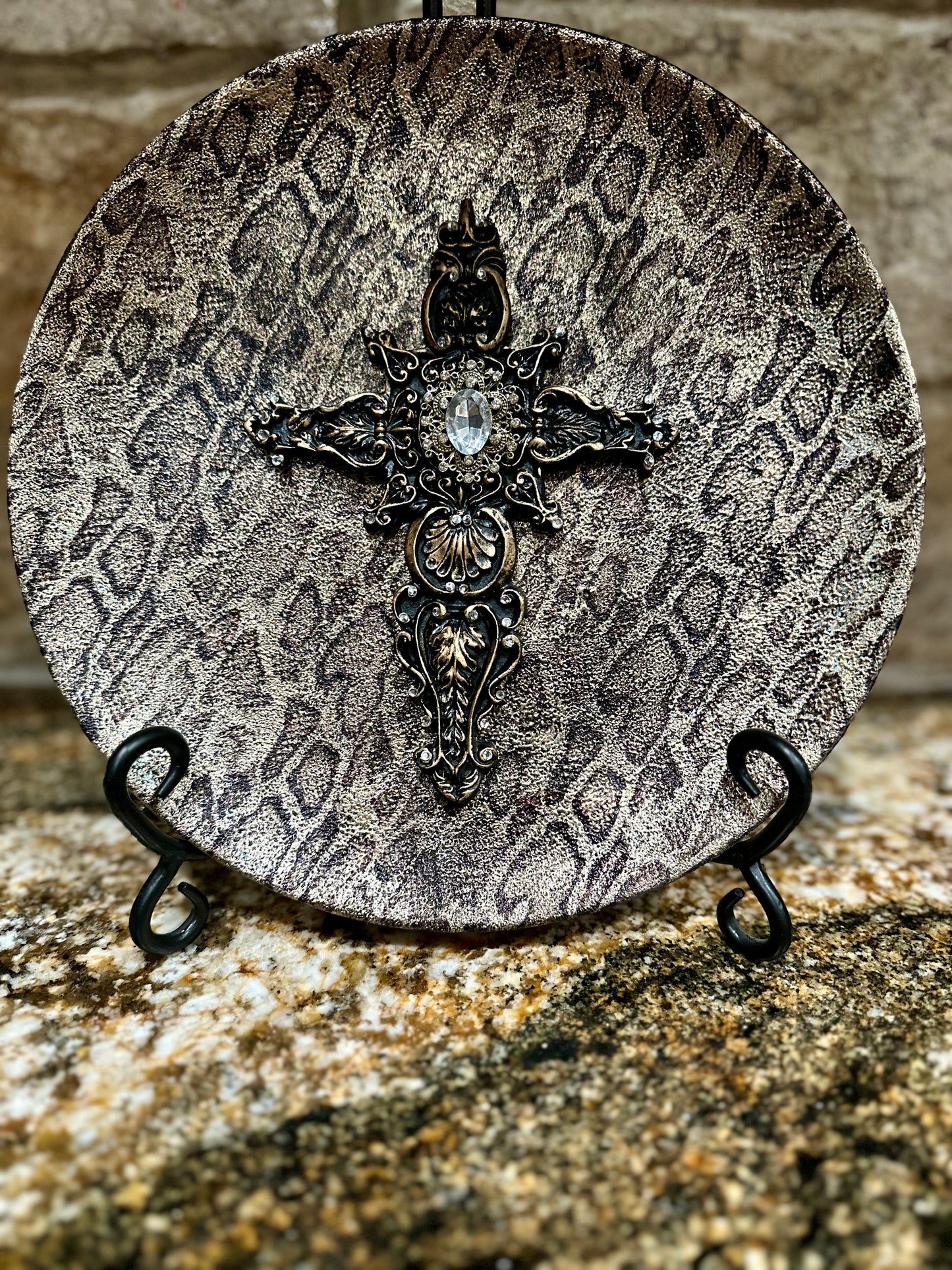 Snakeskin Foil Wrapped Plate with Embellished Cross