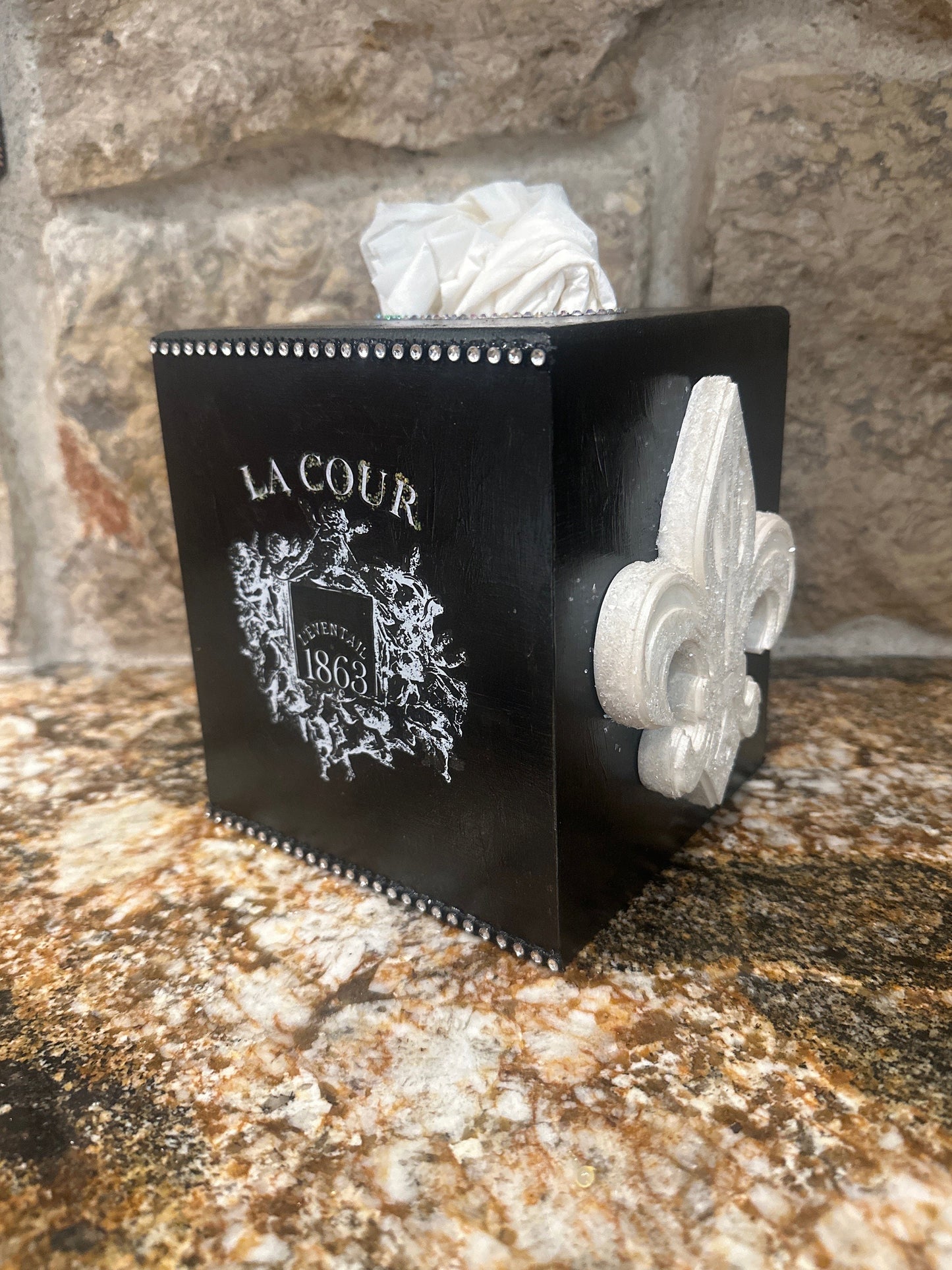 Tissue box with rhinestones and Swarovski crystals accented with French Angel transfer images and fleur de lis