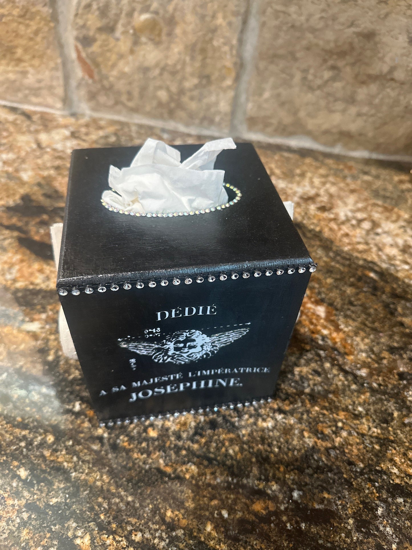 Tissue box with rhinestones and Swarovski crystals accented with French Angel transfer images and fleur de lis