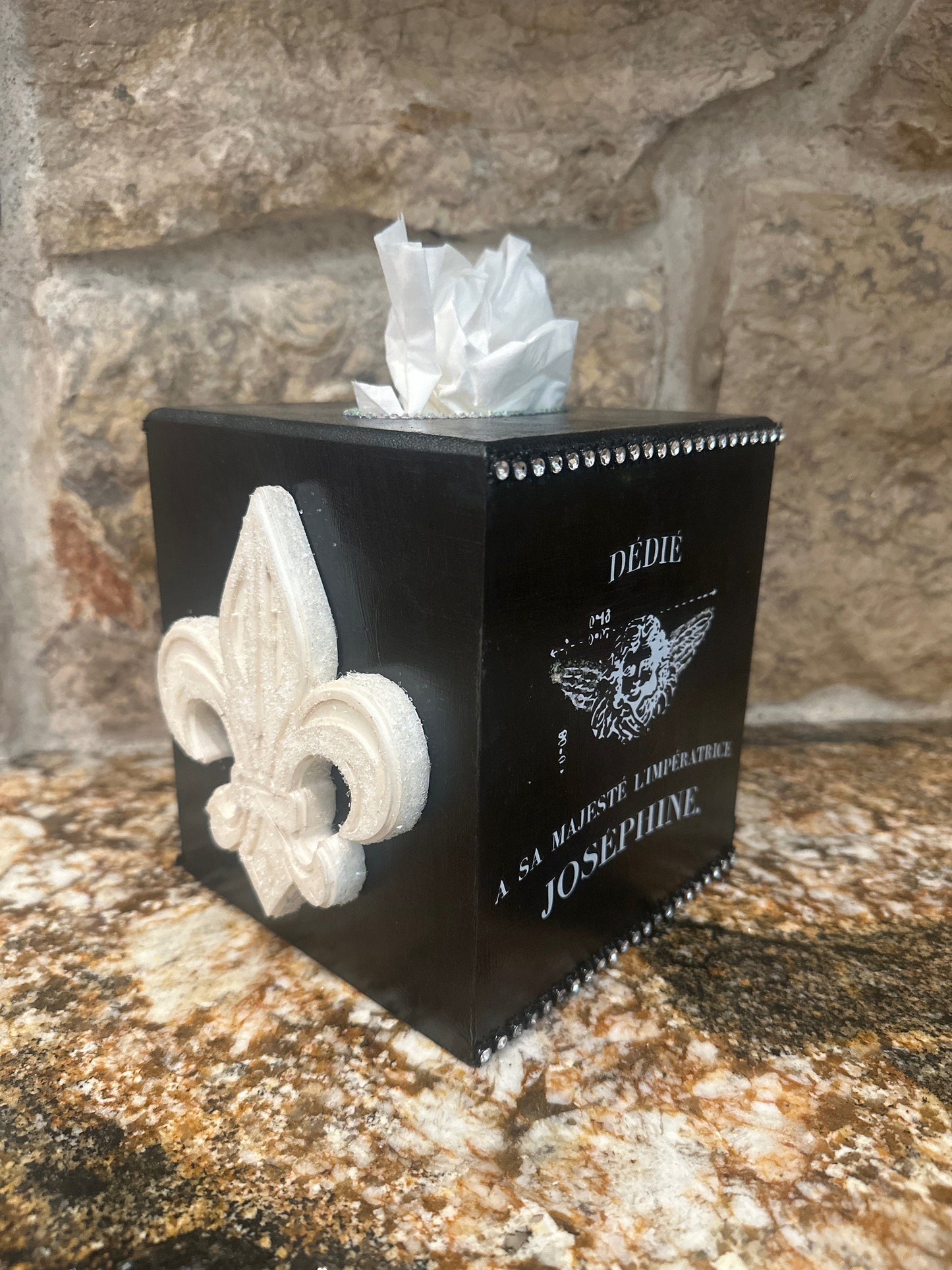 Tissue box with rhinestones and Swarovski crystals accented with French Angel transfer images and fleur de lis