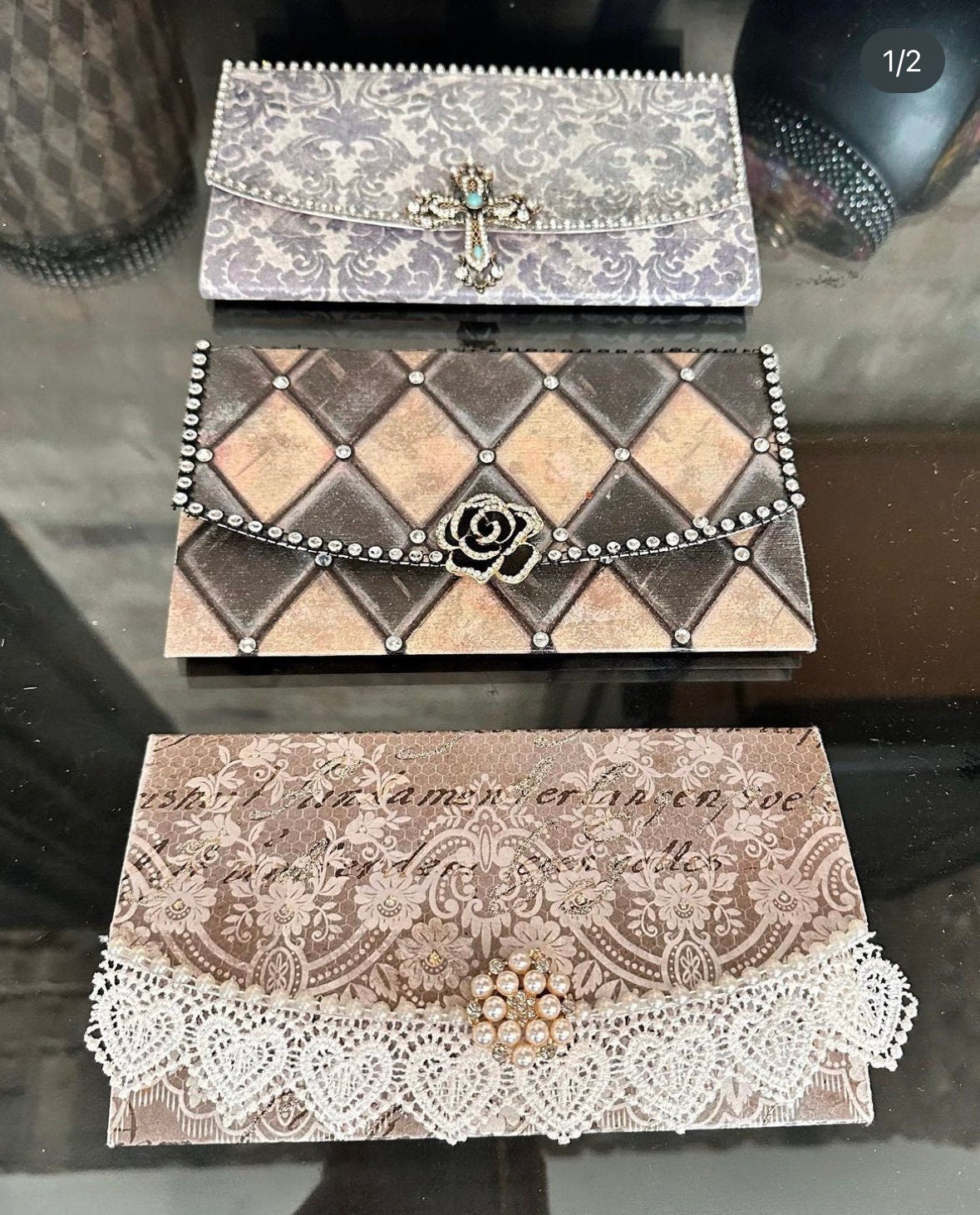 Trifold clutch, post-it note sticky holder, refillable note taker, clutch, pearl, rhinestone, note holder, stationary, handmade, unique gift