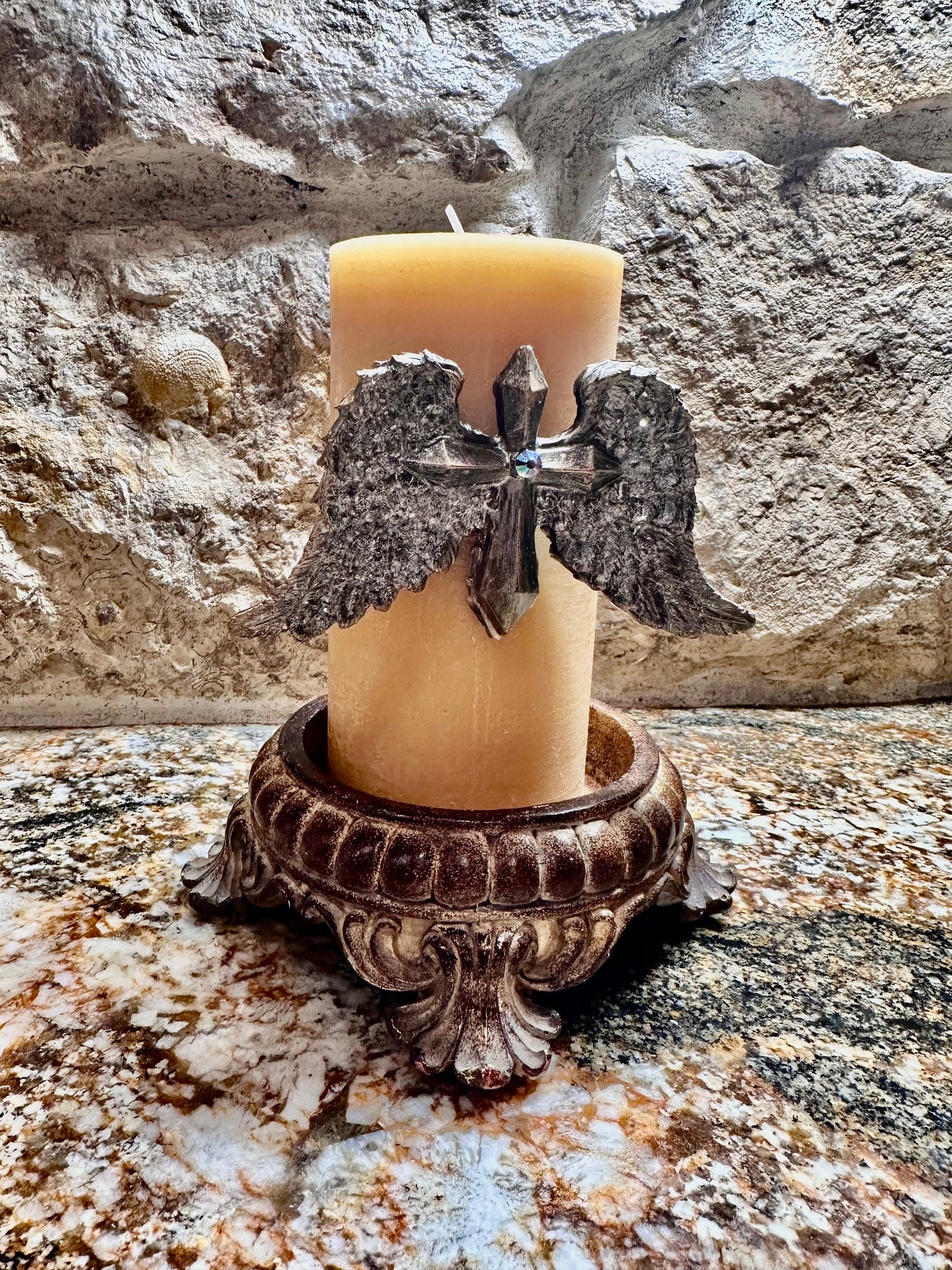 Angel wings candle pin, reusable, handmade, diy, unique gift, embellished Swarovski crystals, gold|silver two tone, home decor