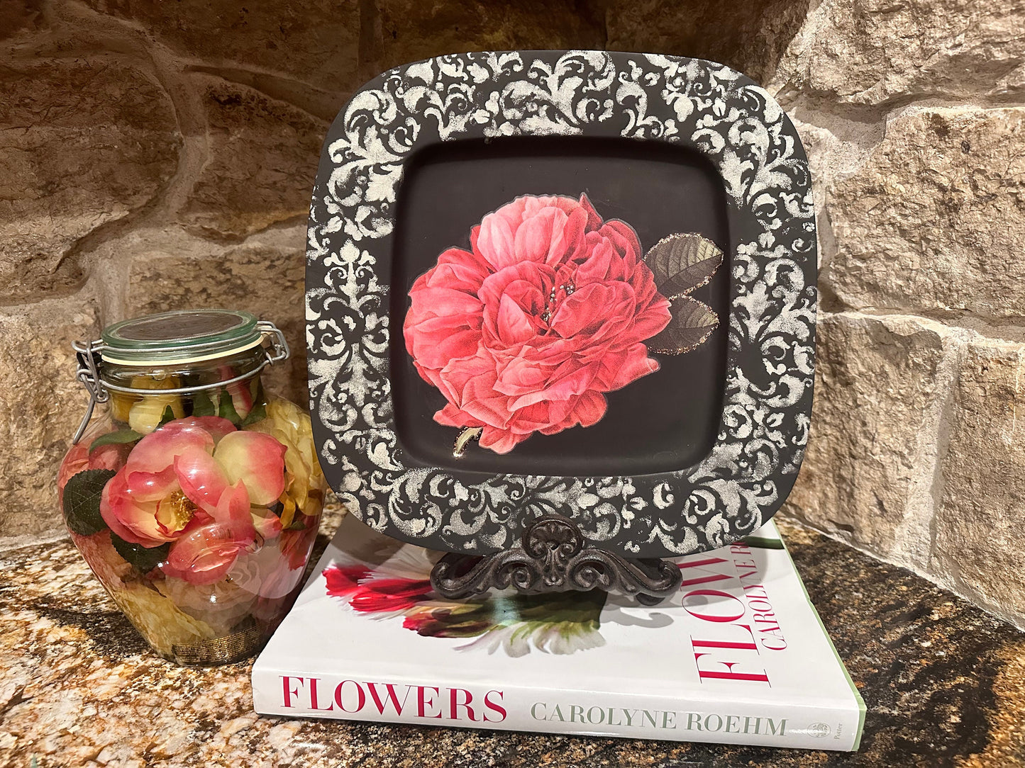Vintage Silver Tray Painted Black with Large Red Rose