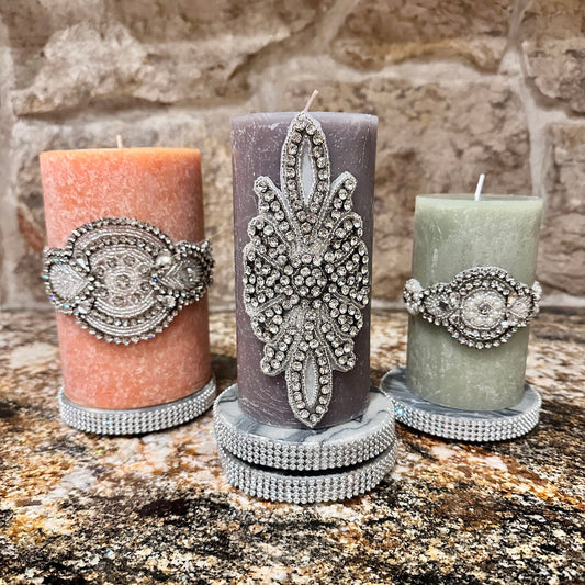 Rhinestone Embellished Grey Pillar Candle