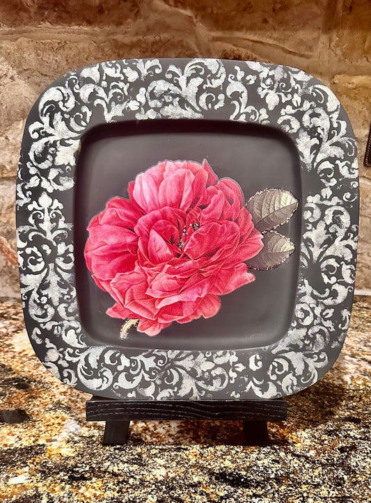 Vintage silver tray painted black w| large red rose and romantic baroque style swirls on perimeter. 13”