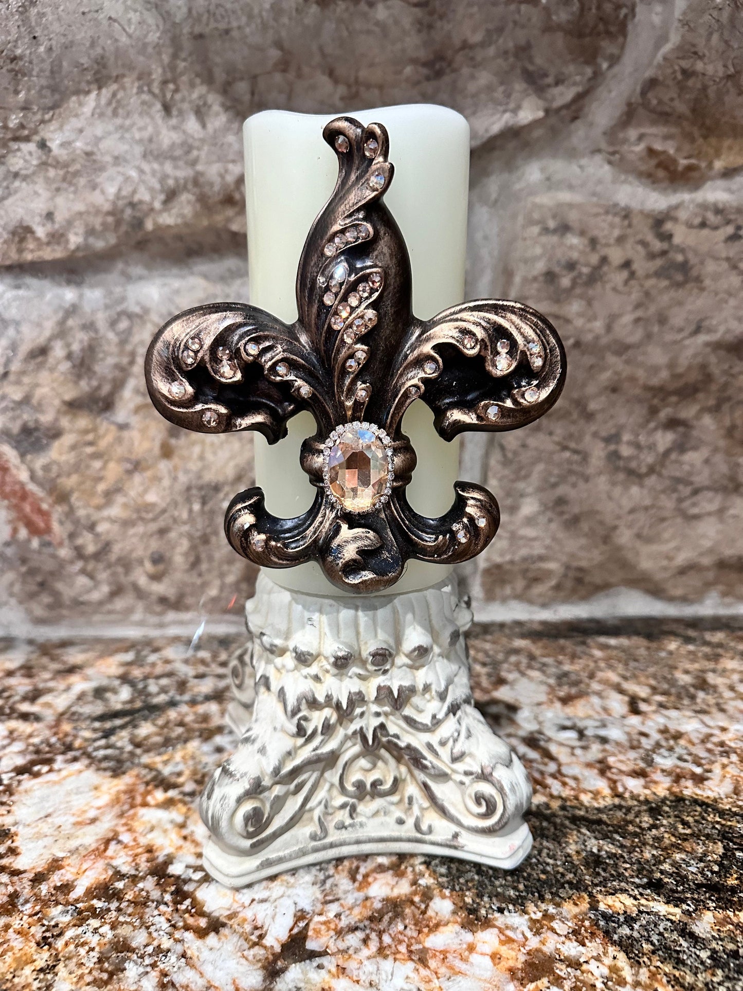 Candle pin, fleur de lis, embellished, candle accessory, unique gift, handmade, DIY, home decor, old world decor