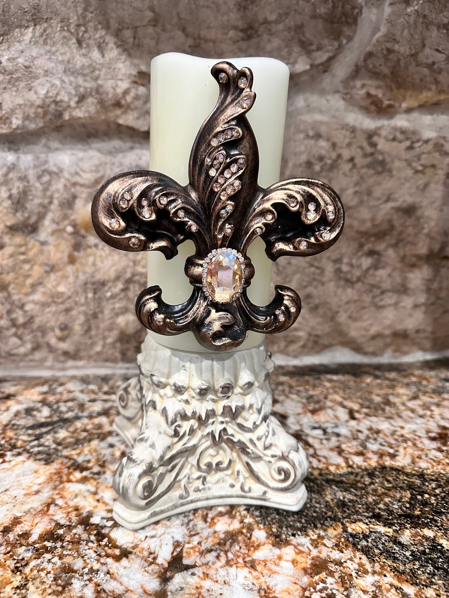 Candle pin, fleur de lis, embellished, candle accessory, unique gift, handmade, DIY, home decor, old world decor