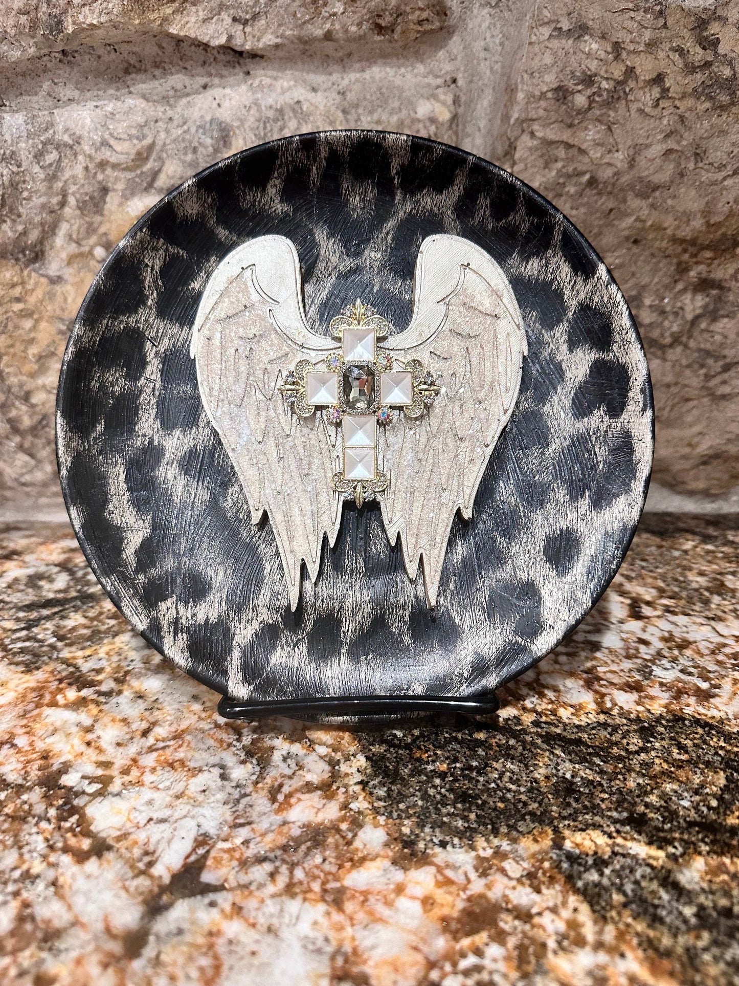 Angel plate, Angel decor, leopard decor, Decorative plate, plate decor, leopard, cross, unique gift, DIY, handmade