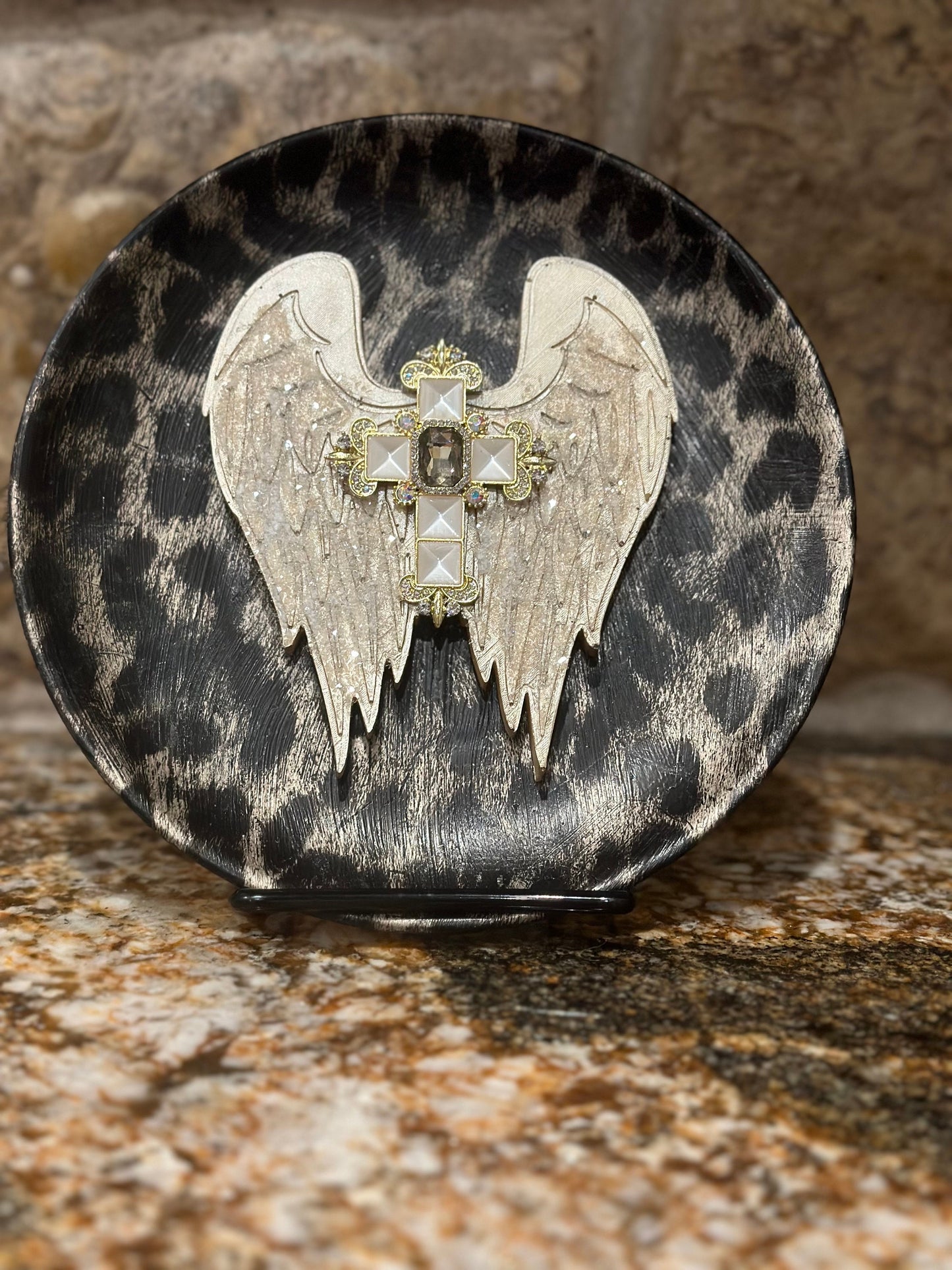 Angel plate, Angel decor, leopard decor, Decorative plate, plate decor, leopard, cross, unique gift, DIY, handmade