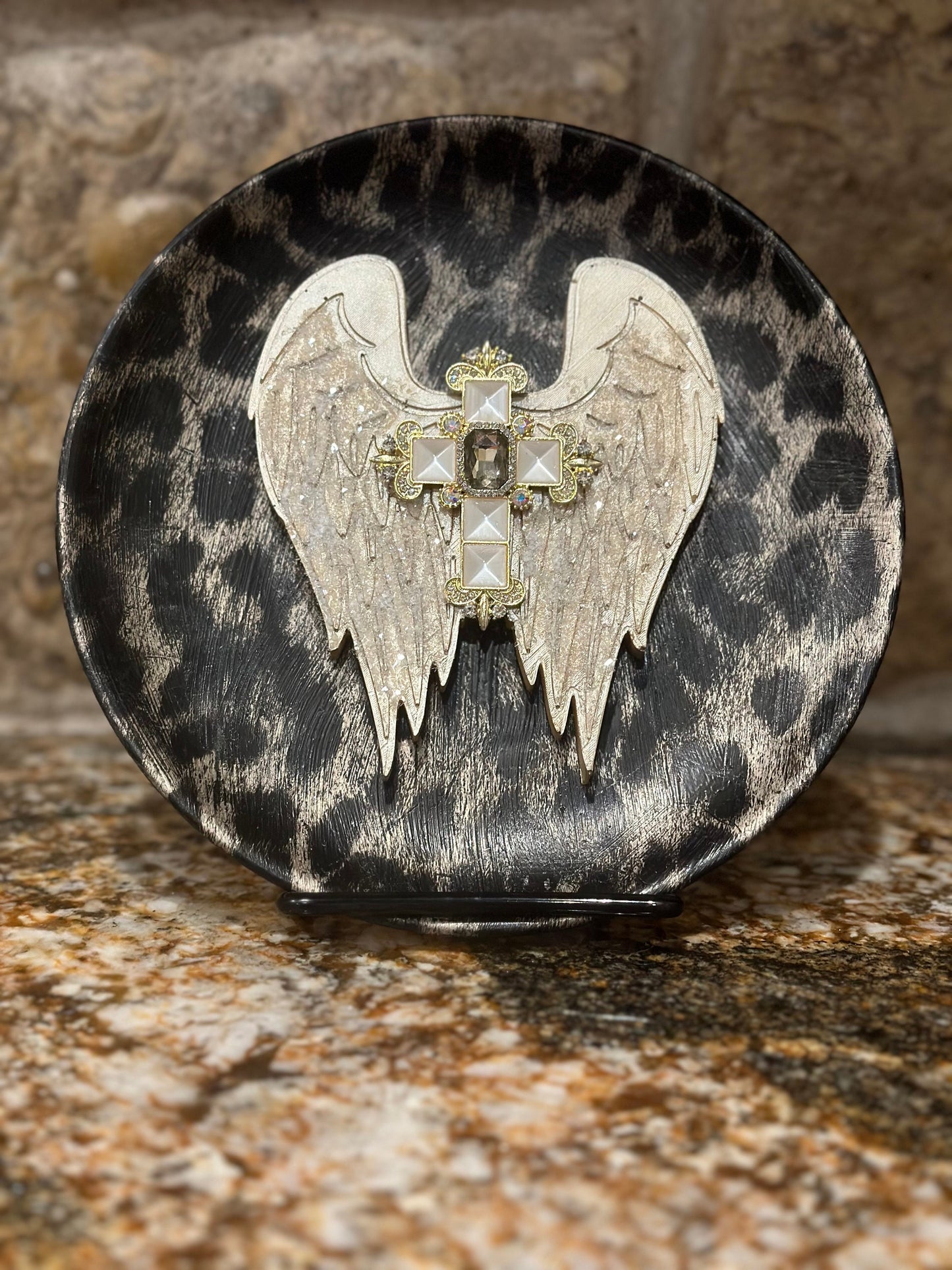 Angel plate, Angel decor, leopard decor, Decorative plate, plate decor, leopard, cross, unique gift, DIY, handmade