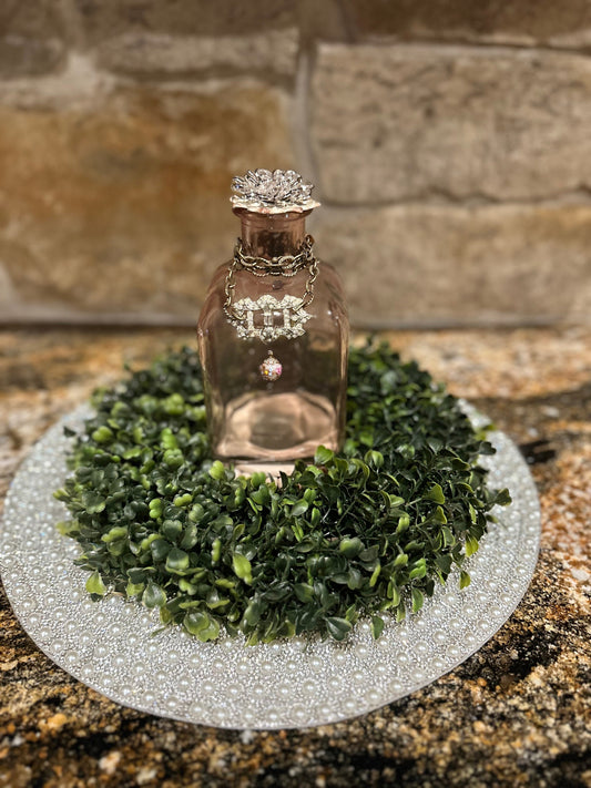 Vintage bottle, tabletop decor, handmade, DIY unique gift, vanity bottle, decorated bottle, shabby chic, farmhouse rustic