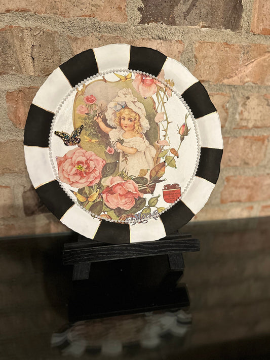 Vintage plate, upcycled plate, black and white striped, vintage flower girl, 2D rhinestone butterfly, home decor, handmade, unique gift