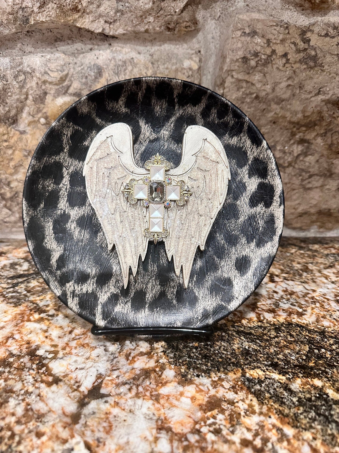 Angel plate, Angel decor, leopard decor, Decorative plate, plate decor, leopard, cross, unique gift, DIY, handmade