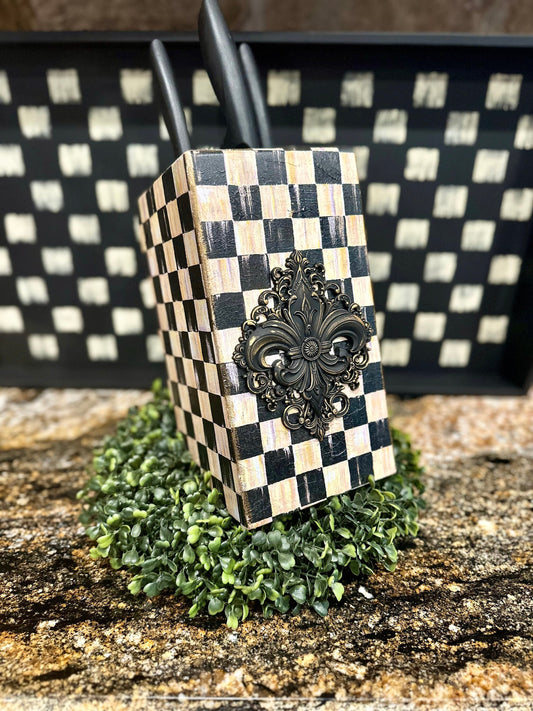 Bamboo knife block, knife holder, knife stand, black and white checkered, handmade, DIY, unique gift, up cycled home decor, kitchen decor