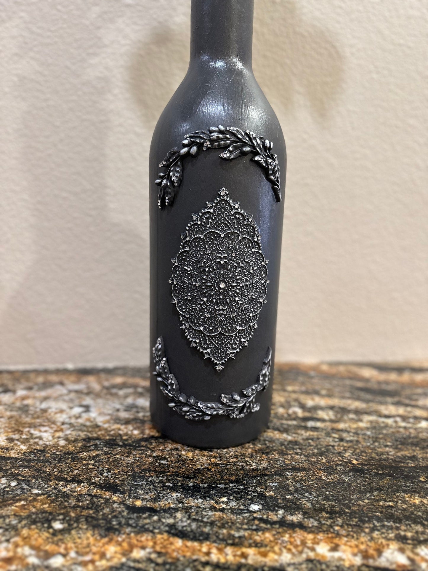 Decorated bottle, embellished jug, boutique decorative bottle, recycled glass, home decor, European decorative bottle, handmade, unique gift