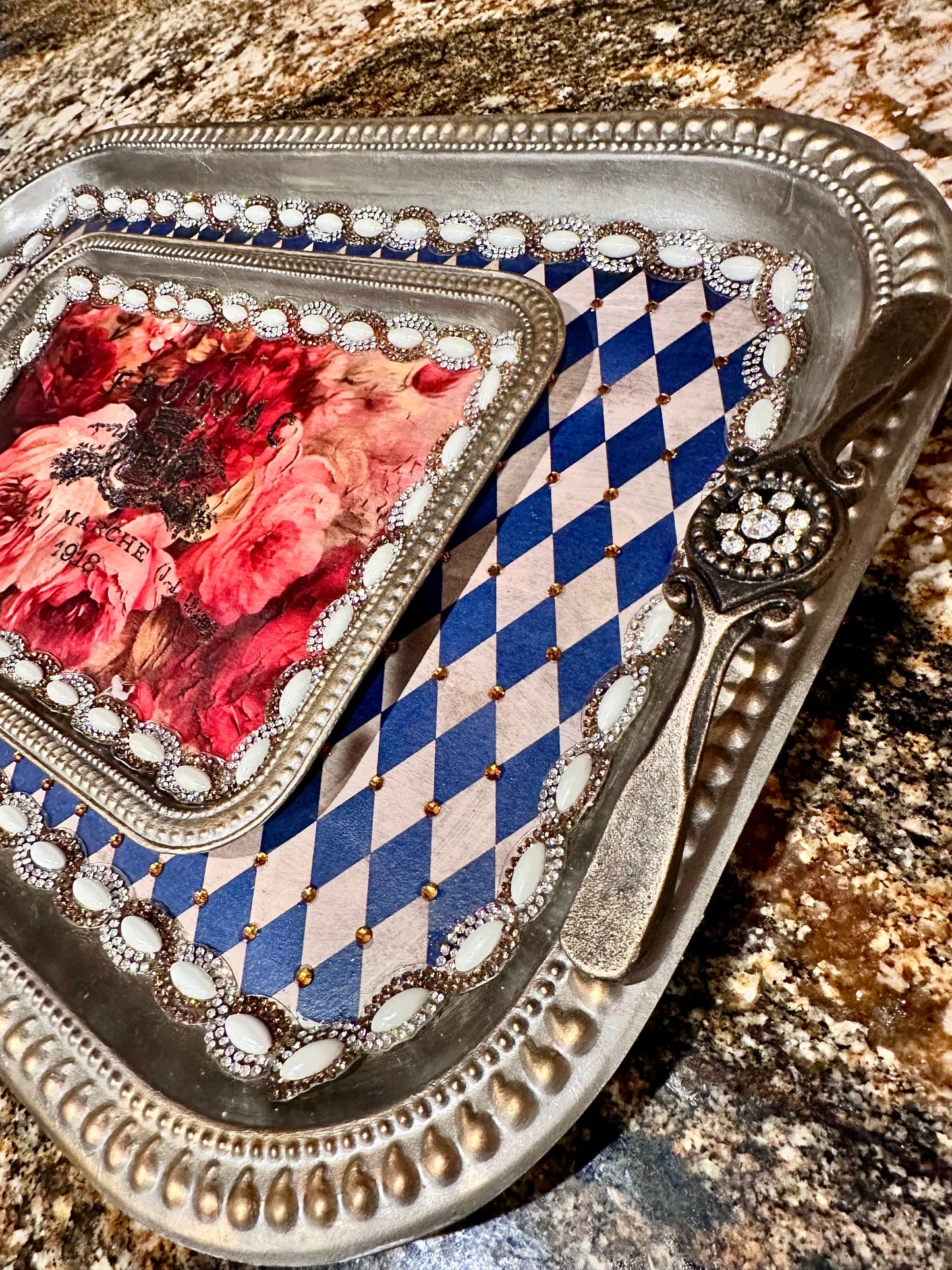 Blue harlequin tray, decorative tray, serving tray, handmade, DIY, unique gift, home decor, serving decor, rose, floral, angels, silver tray