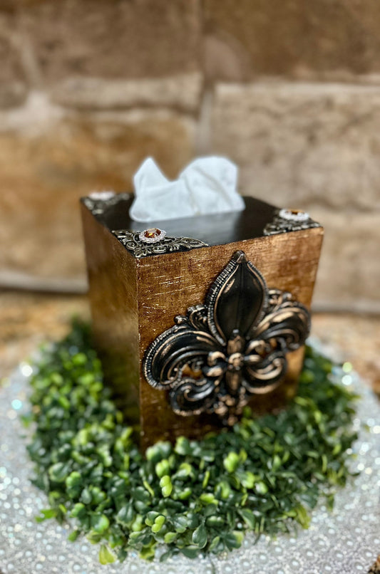 Tissue box, embellished tissue holder,  fleur de lis, bathroom decor, handmade, DIY, unique gift