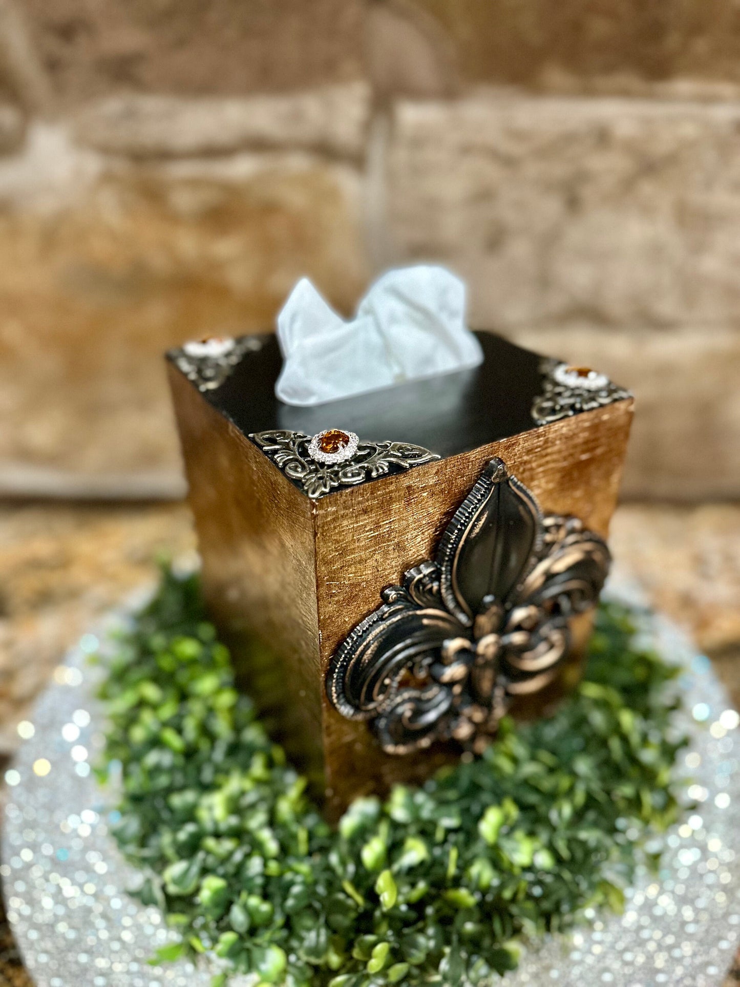 Tissue box, embellished tissue holder,  fleur de lis, bathroom decor, handmade, DIY, unique gift