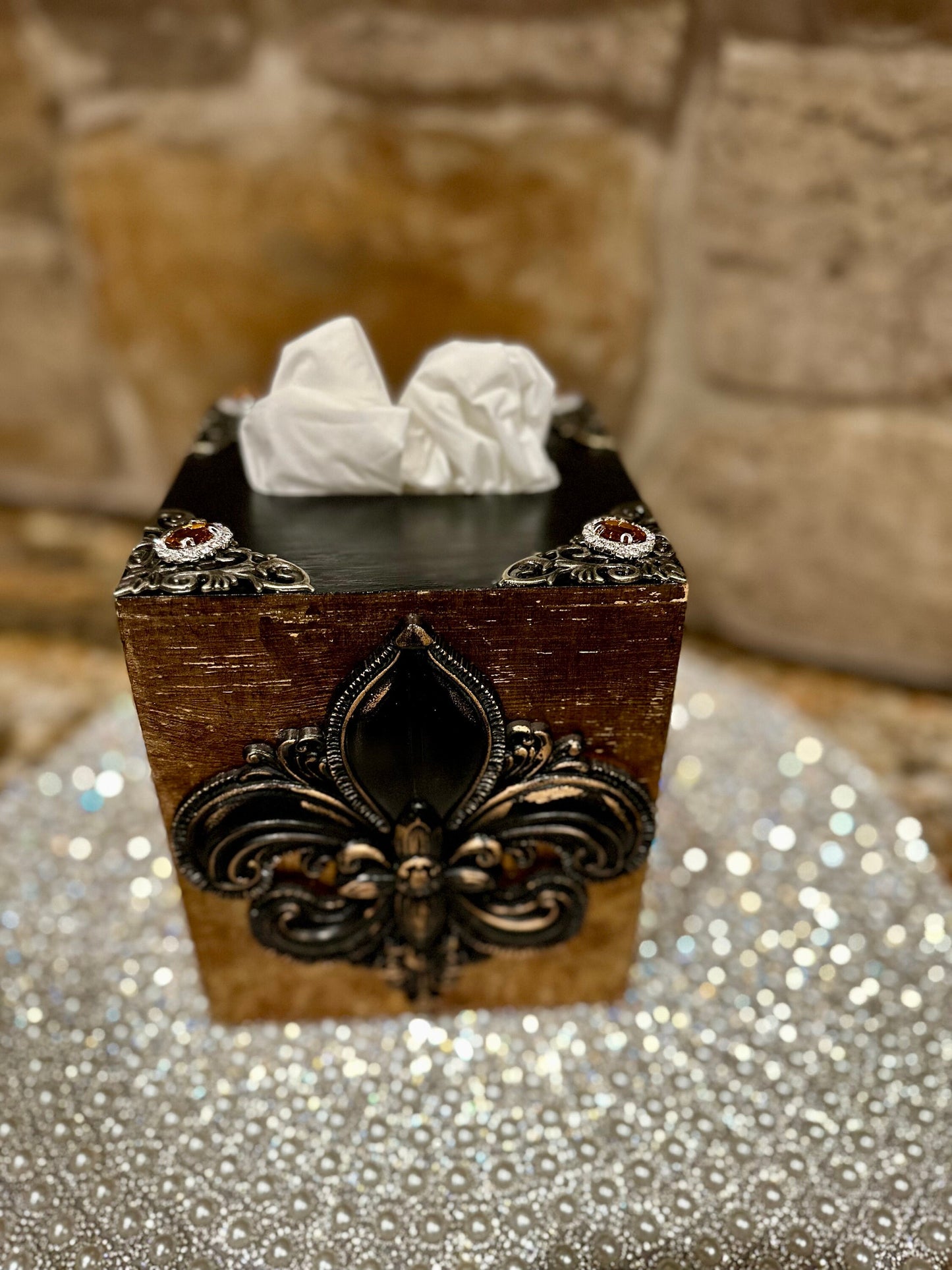 Tissue box, embellished tissue holder,  fleur de lis, bathroom decor, handmade, DIY, unique gift